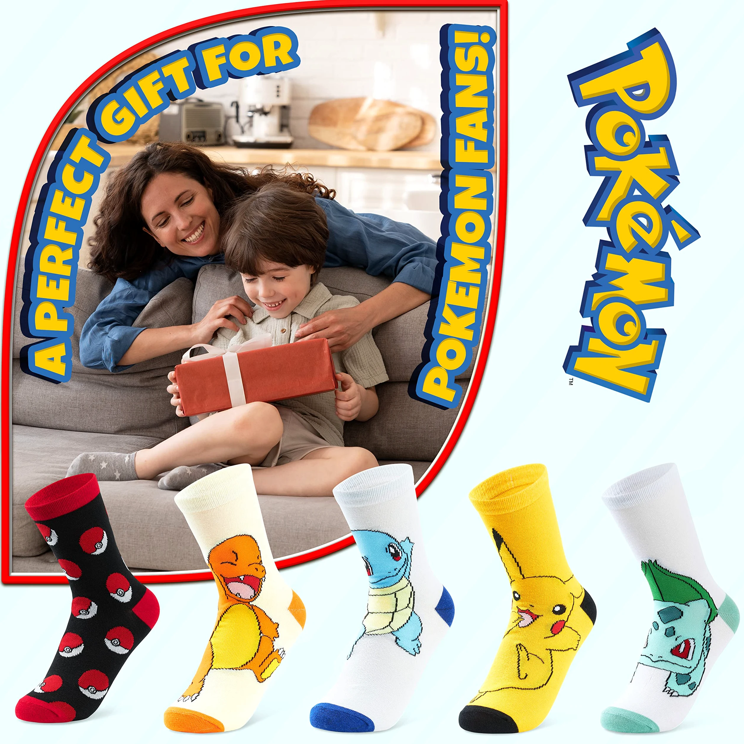 Pokemon Skarpety chłopięce 5 Pakiet Pikachu Skarpety do Kostek Rozciągliwy Oddychający Skarpety Crew dla Chłopców Dziewcząt Nastolatków Kobiet - Rozmiary 11-6 - Prezenty Pokemon