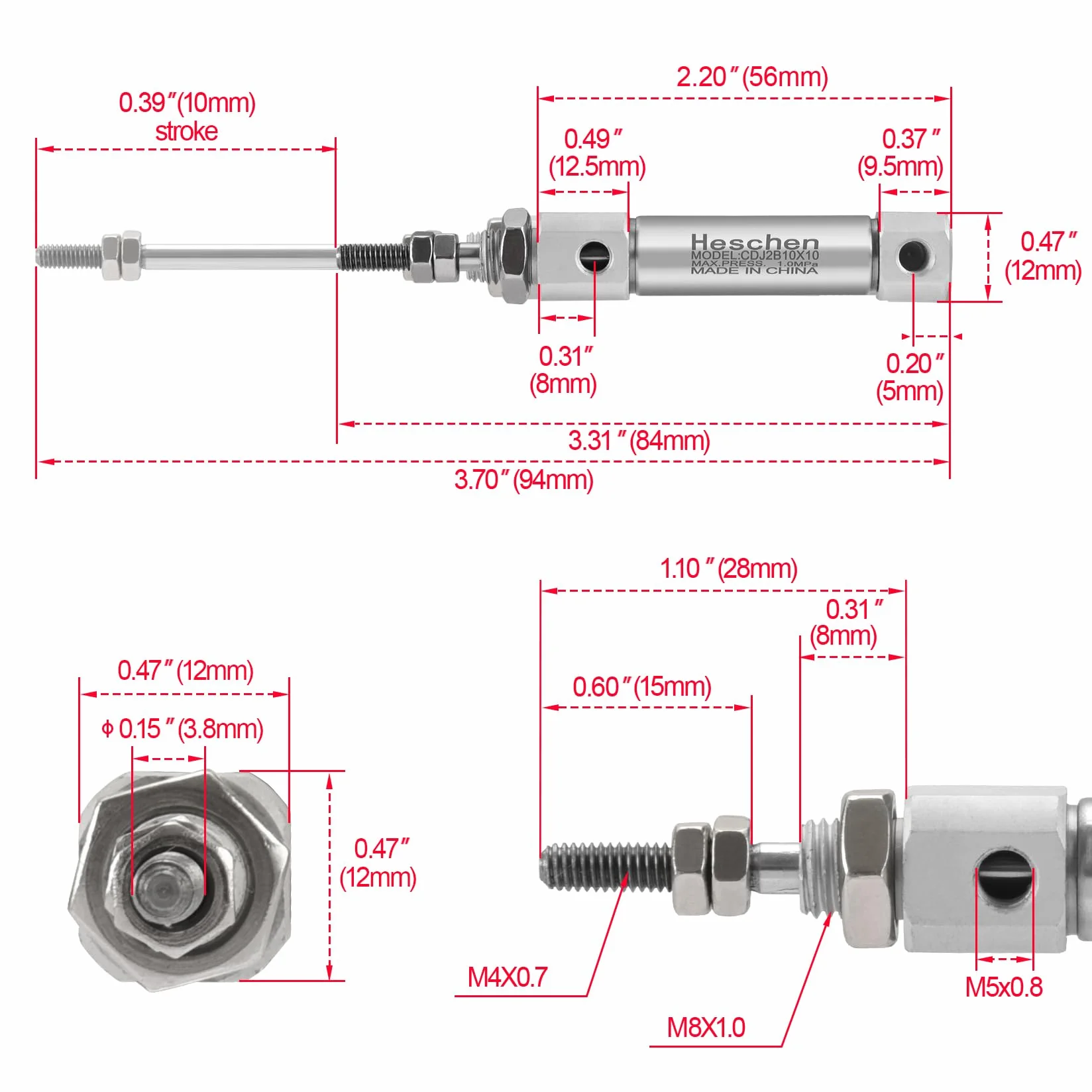 Heschen Slim pneumatyczny cylinder CDJ2B 10-10 M5 port 10 mm otwór 10 mm skok