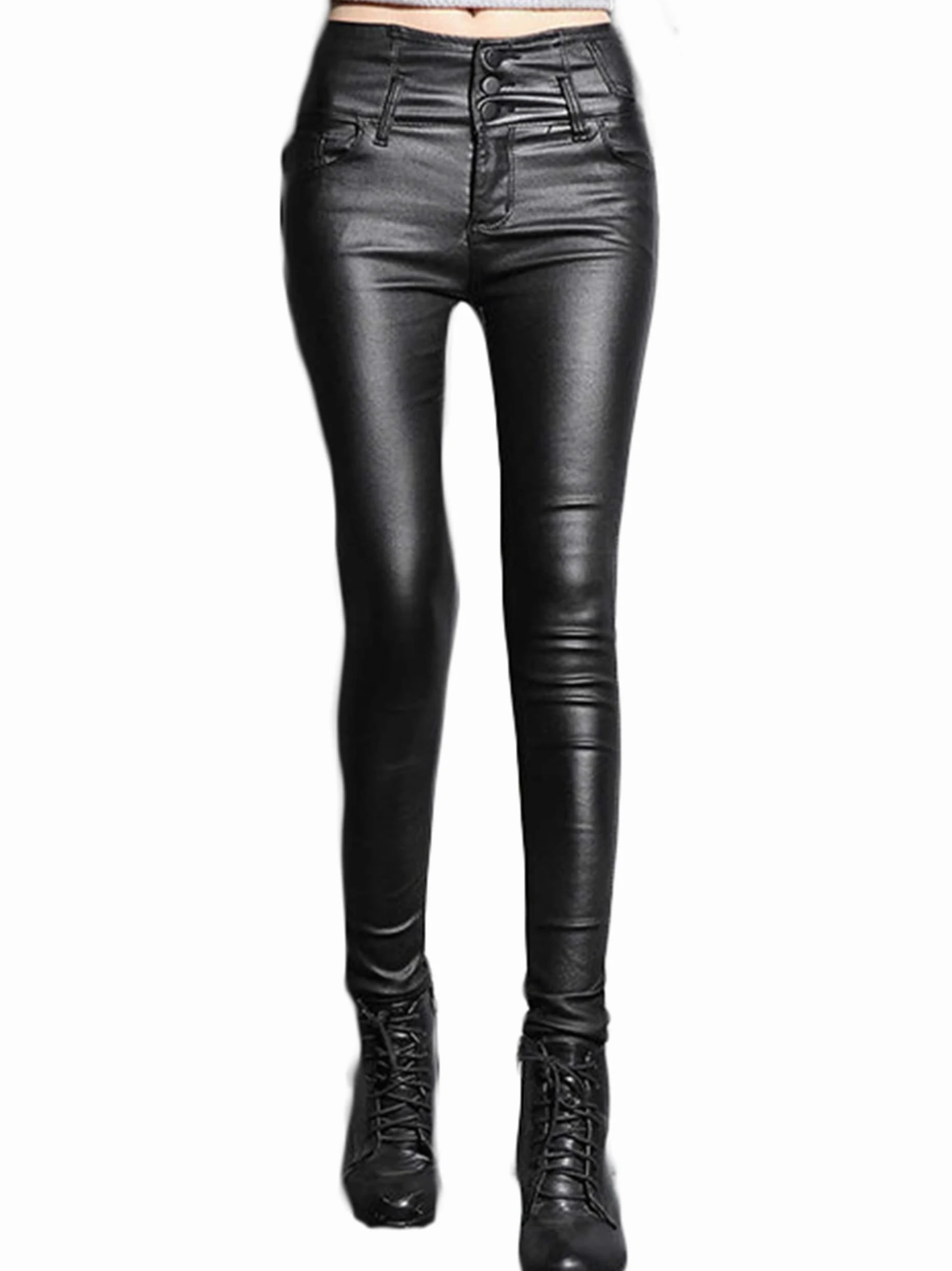 Damskie seksowne spodnie ze sztucznej skóry Push Up stylowe obcisłe legginsy Slim Fit guziki rozciągliwe obcisłe spodnie skórzane (czarne 3XL)