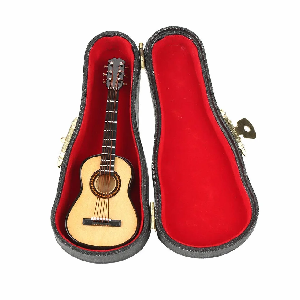 Qinlorgo Drewniana miniaturowa gitara ze stojakiem, miniaturowy drewniany model gitary ekspozycja mini ozdoby muzyczne rzemiosło dekoracja domu