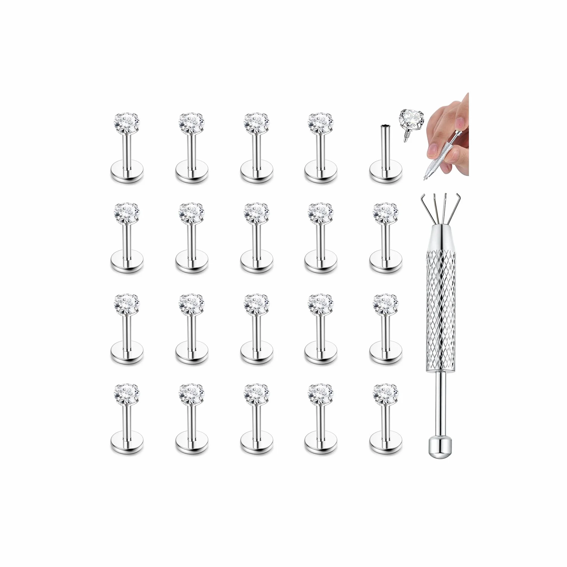 CASSIECA 20 szt. hipoalergiczne kolczyki ze stali nierdzewnej 16G, labret piercing z 3 mm CZ chrząstka, tragus, helix, Monroe, biżuteria, 6 mm, 8 mm, 10 mm, Stal nierdzewna