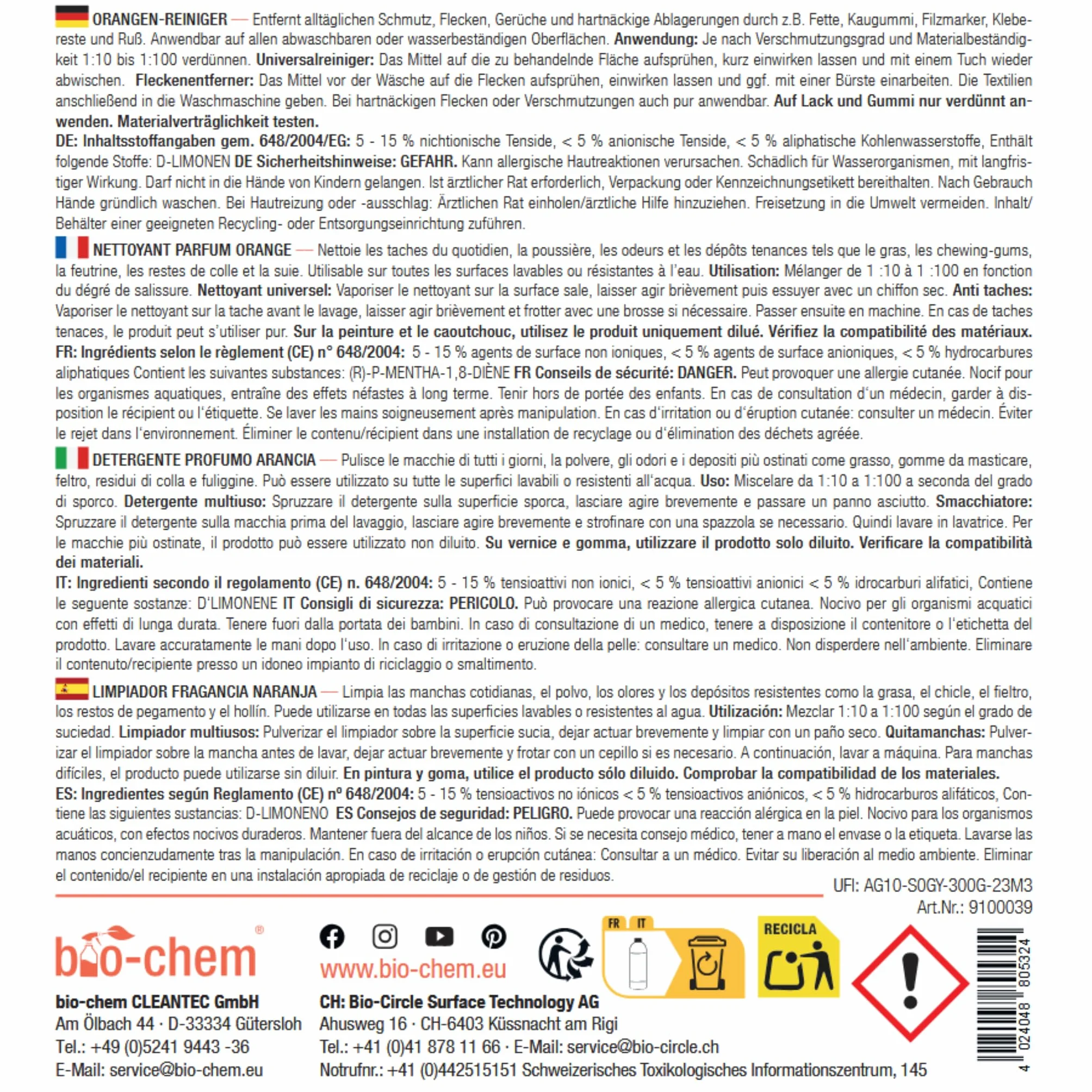 bio-chem Koncentrat do czyszczenia pomara?czy, 750 ml, w zestawie butelka z rozpylaczem mocny uniwersalny ?rodek czyszcz?cy o przyjemnym pomara?czowym zapachu wydajny koncentrat do czyszczenia z
