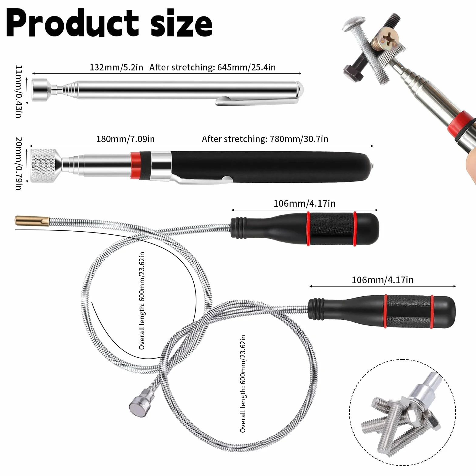 4 sztuki teleskopowego pręta magnetycznego, teleskopowy pręt magnetyczny 60 cm, elastyczny podnośnik magnetyczny, chwytak z teleskopowym prętem magnetycznym, teleskopowy magnes prętowy do chwytania