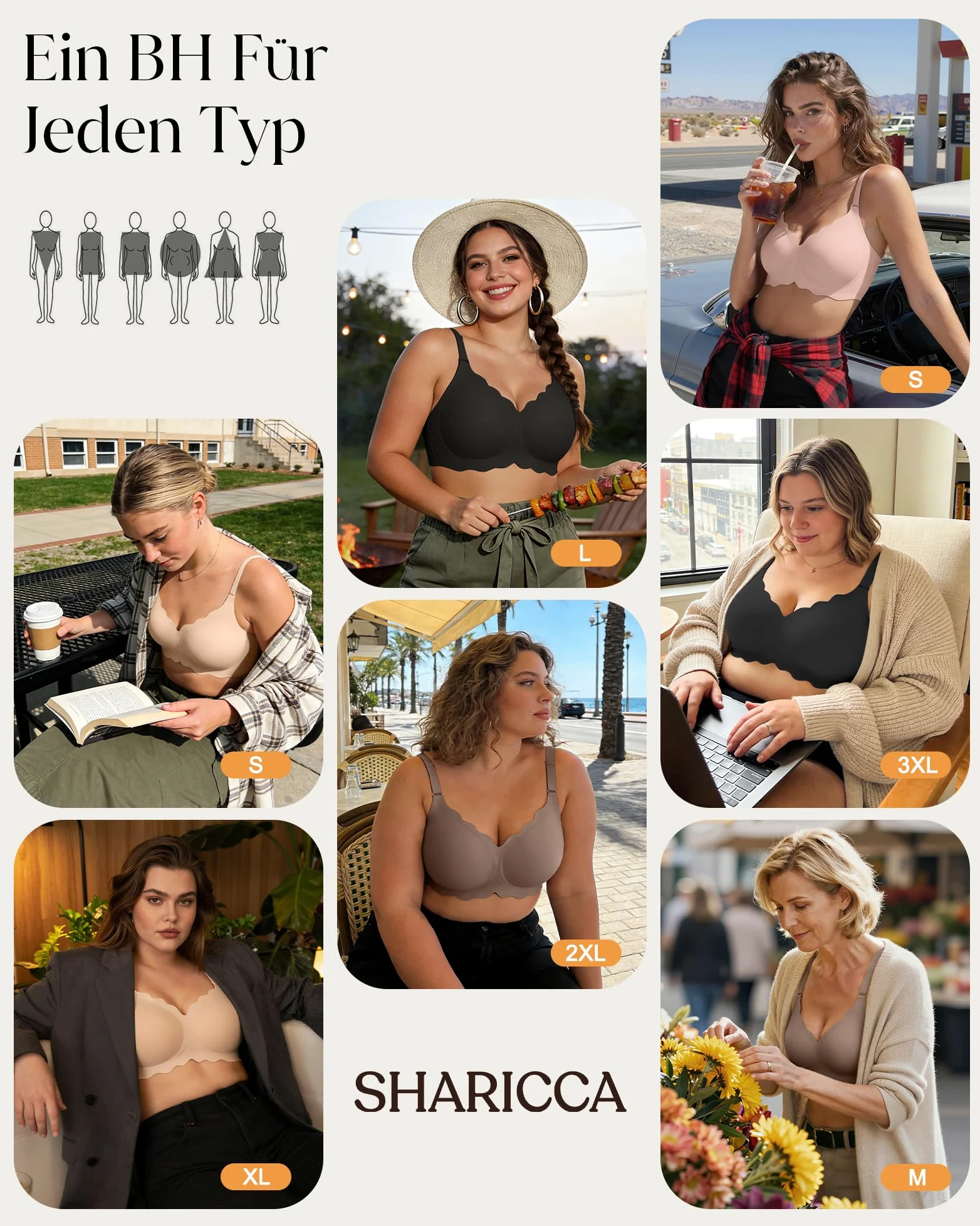SHARICCA Gładki biustonosz damski, bez fiszbinów, głęboki dekolt w serek, biustonosz push-up, miękki, wygodny, bez fiszbin