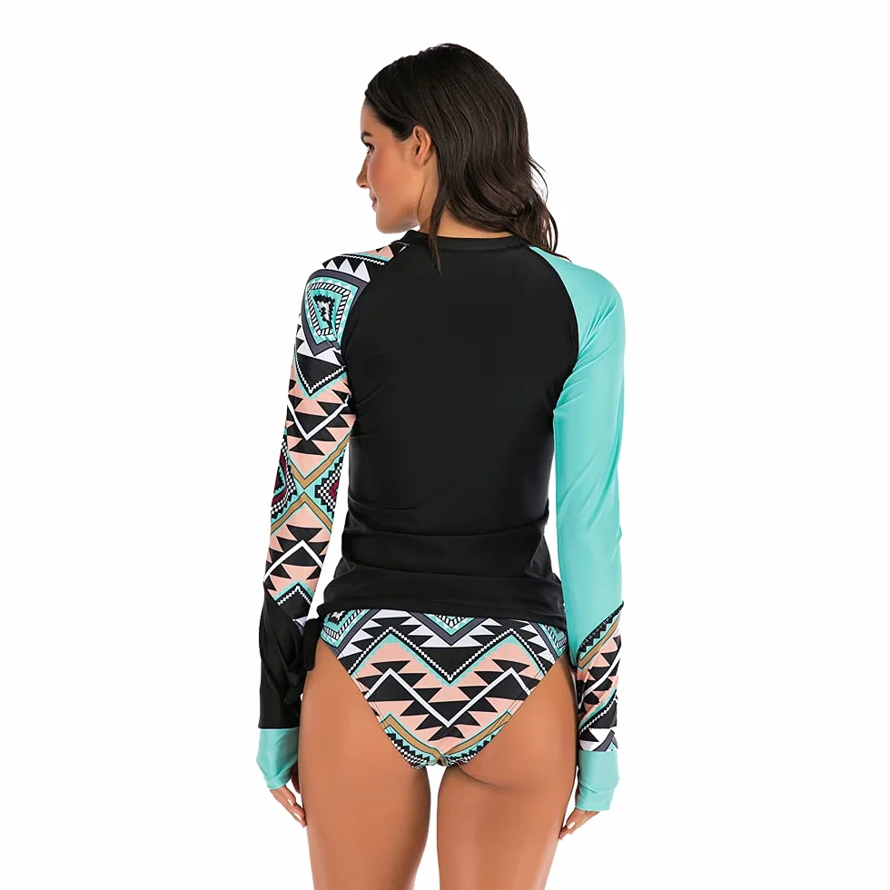 Damski strój kąpielowy z rękawami, dwuczęściowy kostium kąpielowy Rash Guard Surfwear