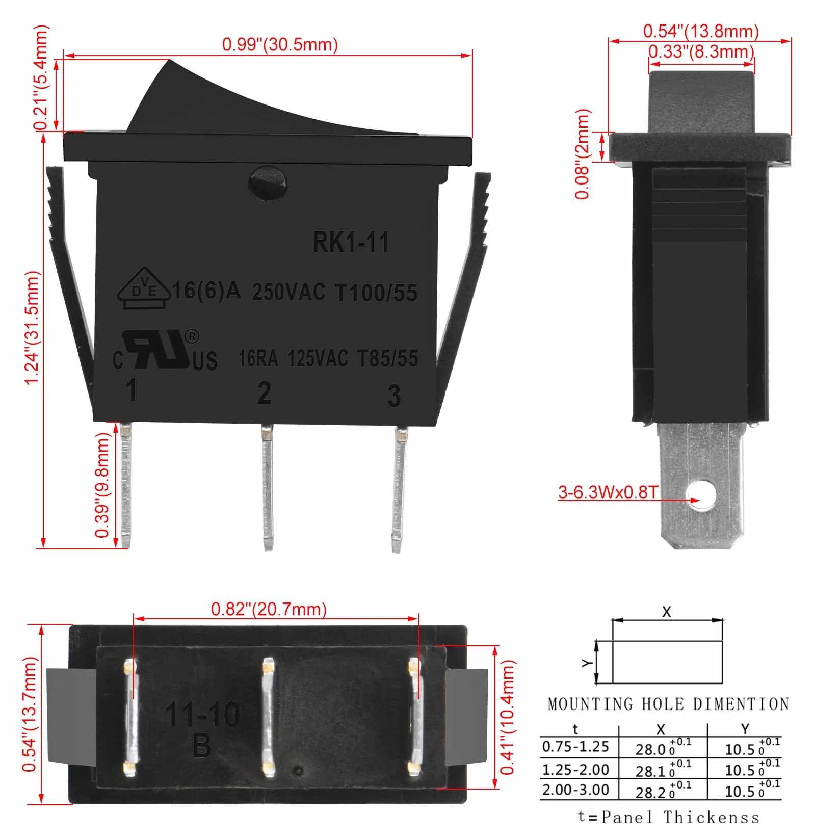 Heschen przełącznik kołyskowy ON-OFF-ON SPDT 3 zaciski 15 A 250 V AC czarny 5 szt.