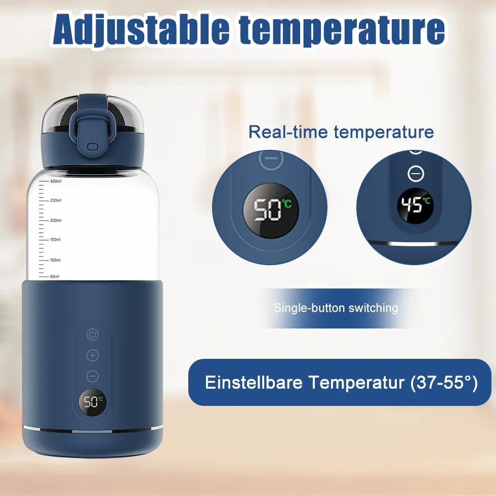 Przenośny podgrzewacz do butelek, 300 ml Podróżny podgrzewacz do butelek, Podróżujący podgrzewacz do butelek dla dzieci z regulacją temperatury do domu lub podróży (niebieski)