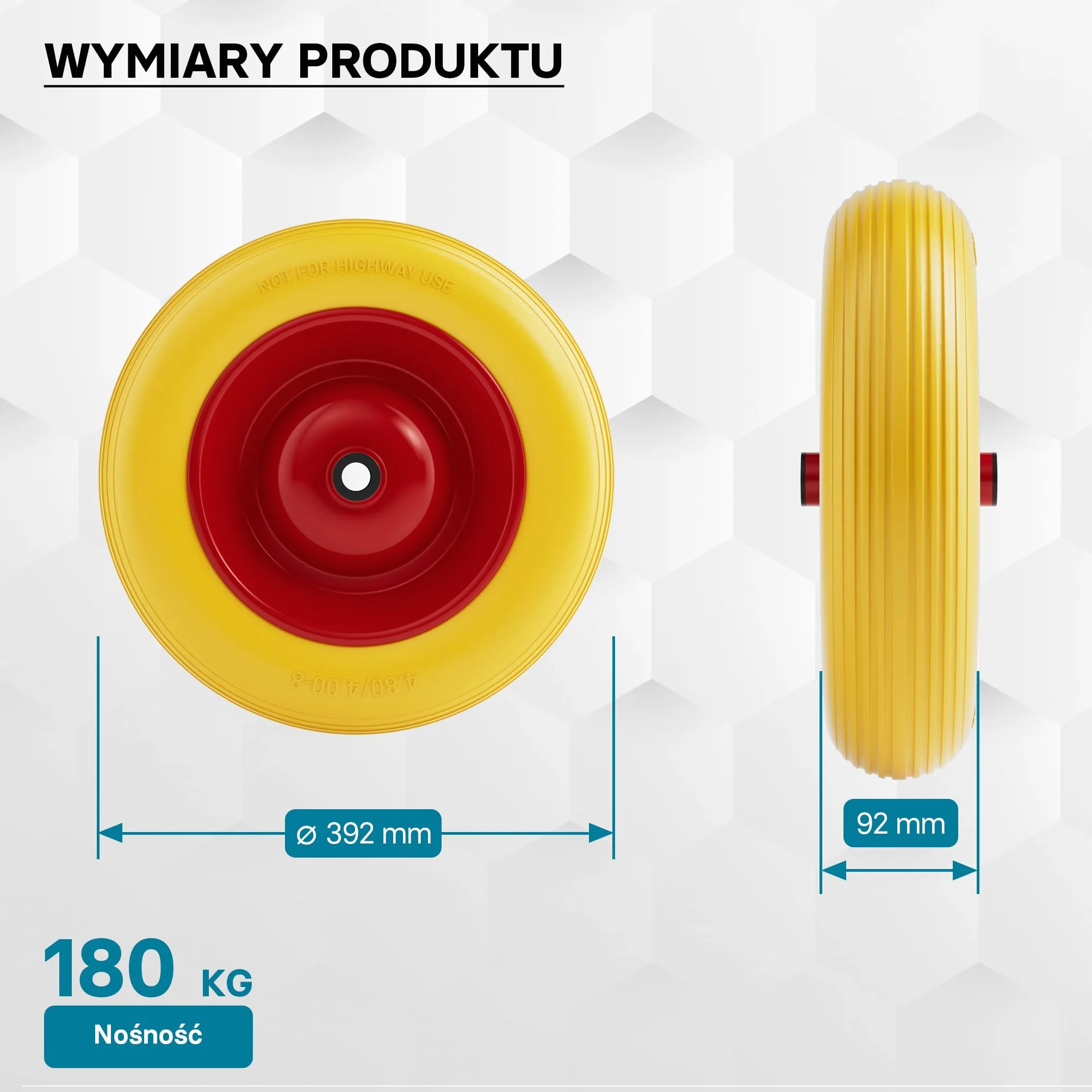 Wiltec Koło do taczki PU 4.8/4.00-8 do 180 kg koło pełne o wymiarach 92 x 392 mm, odporne na przebicia, poliuretanowe