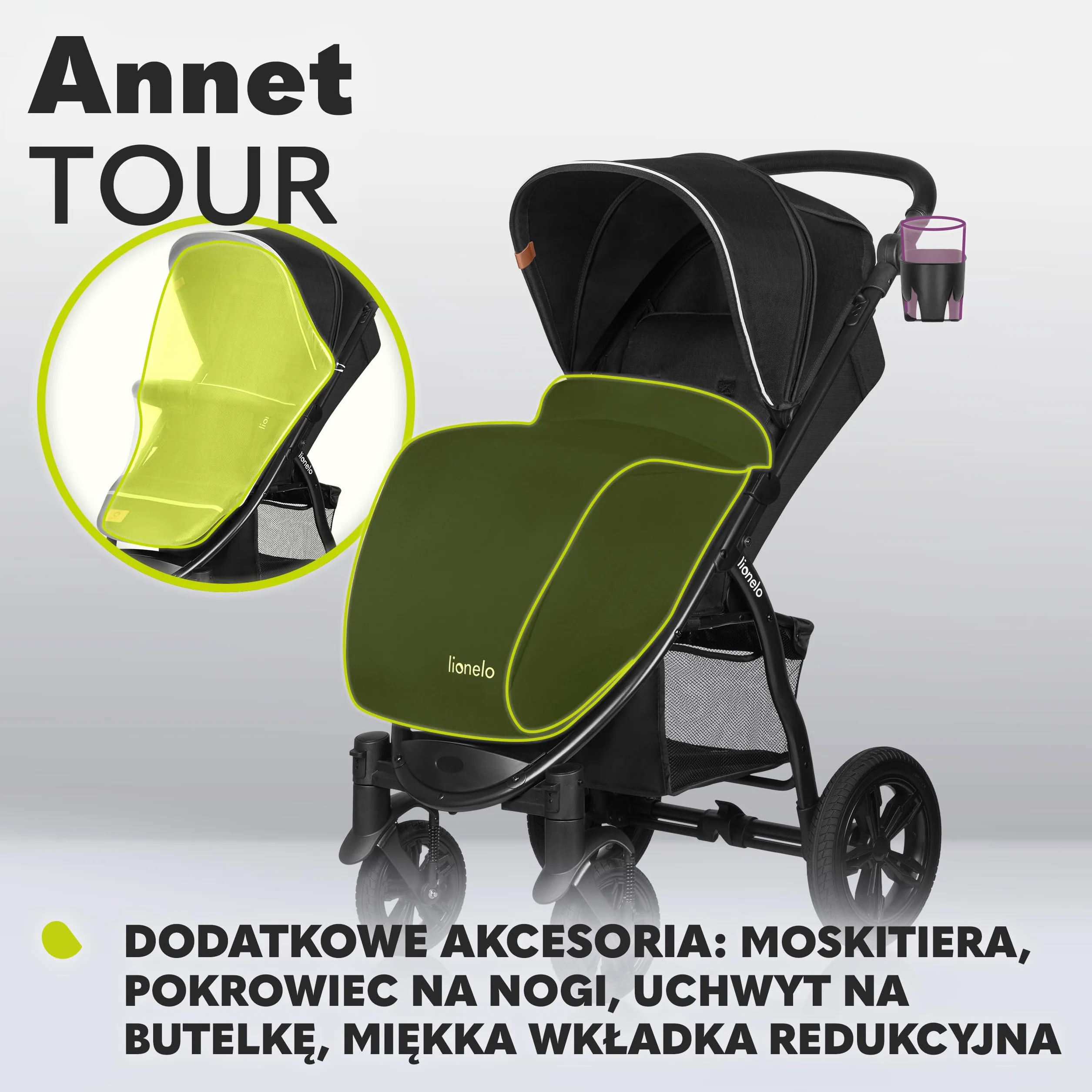 LIONELO Annet Tour Wózek Spacerowy do 22 kg, Regulacja Uchwytu, Regulacja Oparcia do Pozycji Leżącej, Bezobsługowe Duże Koła, Wodoodporna Budka XXL, 5-punktowe pasy, Kosz Zakupowy (Czarny)