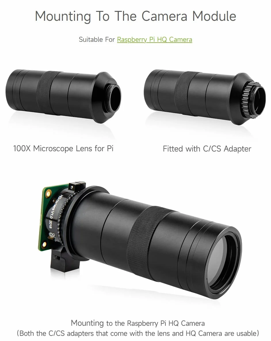 Waveshare Industrial Microscope Lens with 100X Magnification, C/CS-Mount, compatible with Raspberry Pi HQ Camera