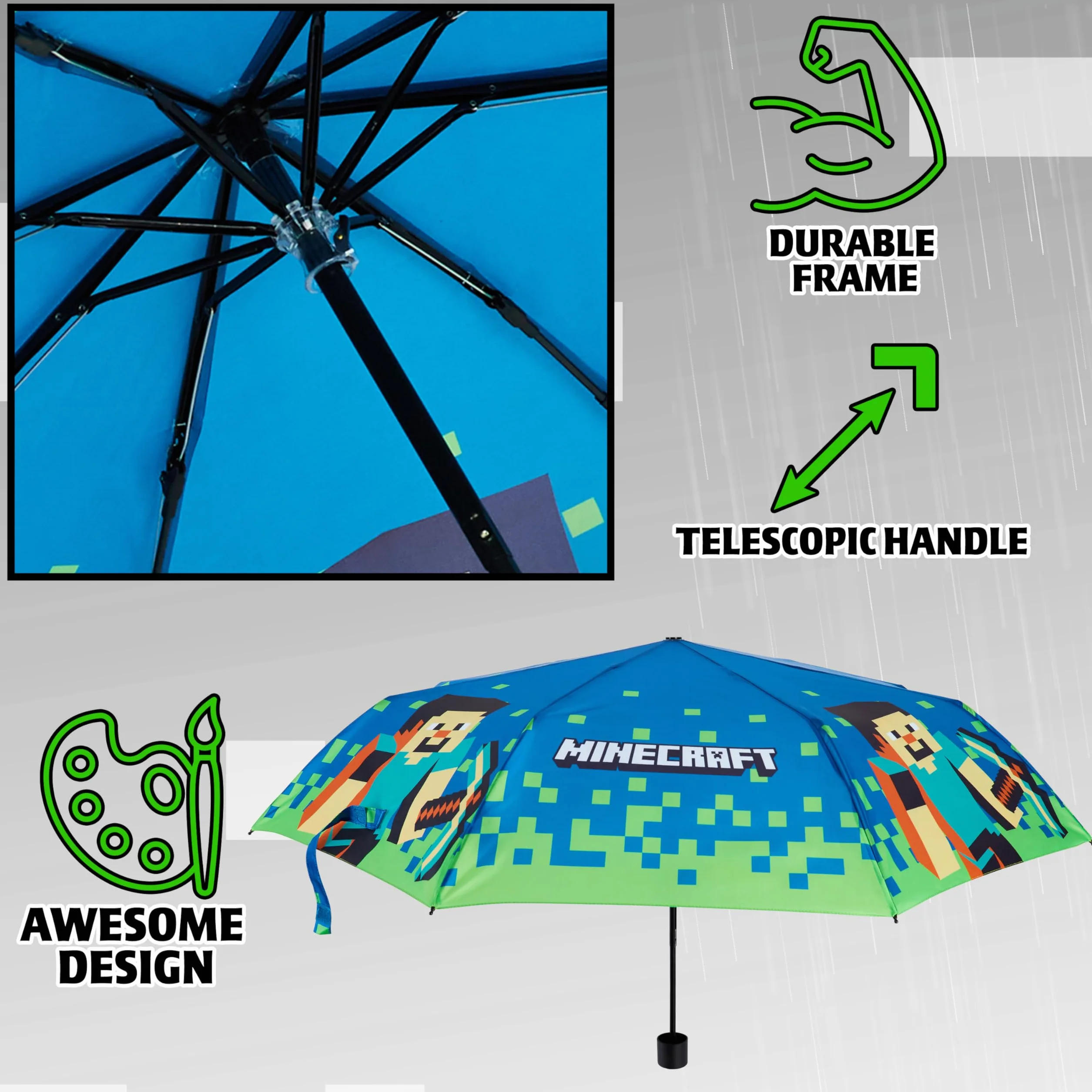 Minecraft Parasol dziecięcy, składana przezroczysta kopuła lub teleskopowy parasol podróżny