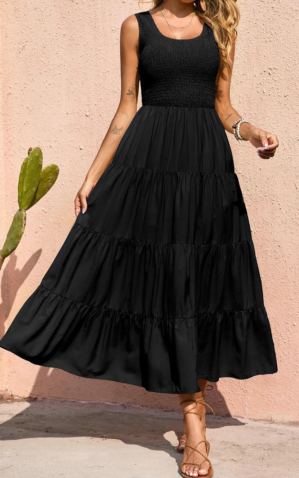 PRETTYGARDEN Damska 2024 casualowa luźna gładka sukienka maxi sukienka bez rękawów letnia plaża wielowarstwowe długie sukienki, Czarny, S
