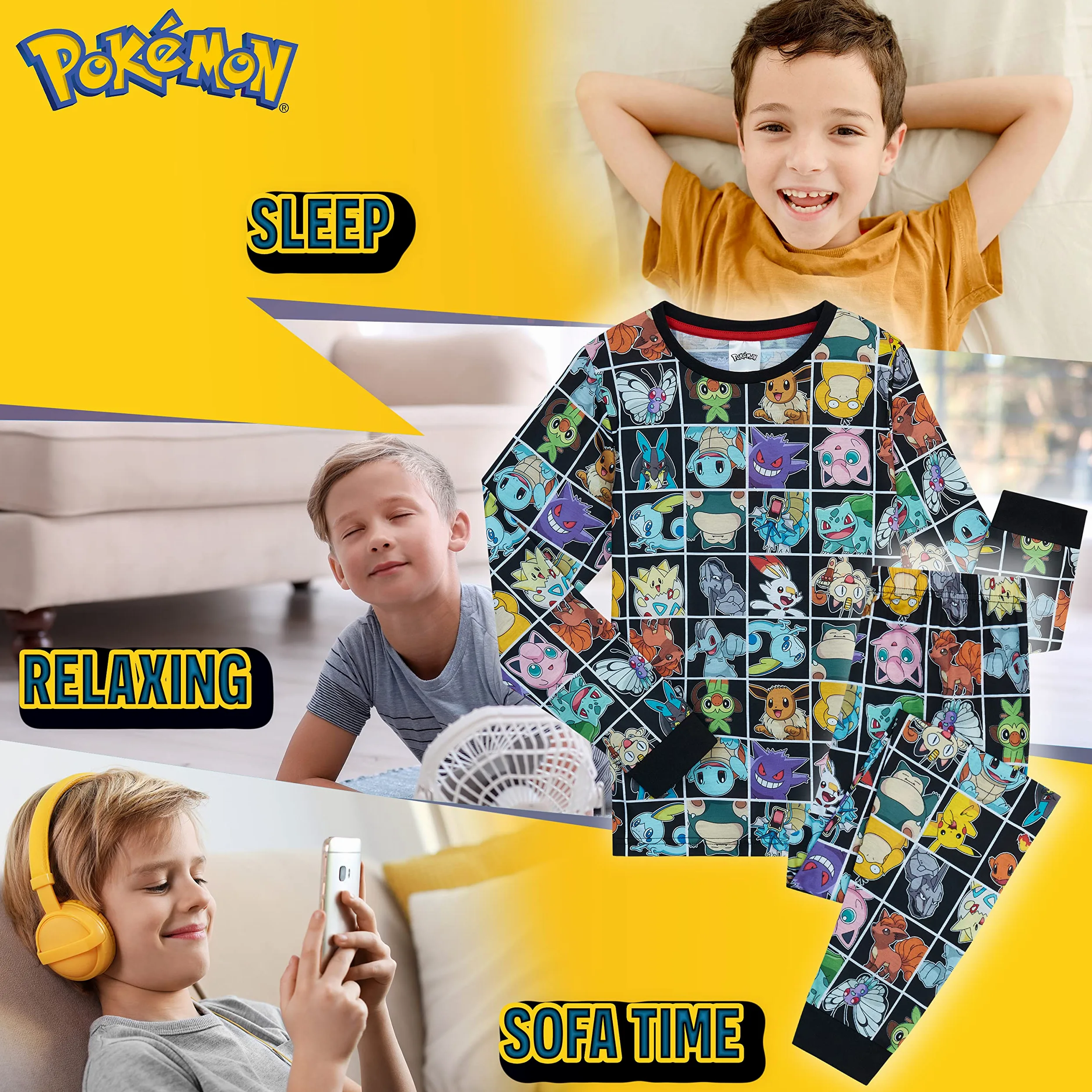 Pokémon Piżama dla chłopców, 2-częściowy zestaw piżam dziecięcych z Snorlax, Pikachu, Squirtle, Bulbasaur i Charmender, koszulka z długim rękawem, 100% bawełniana bielizna nocna dla dzieci, prezent dla chłopców, Czarny