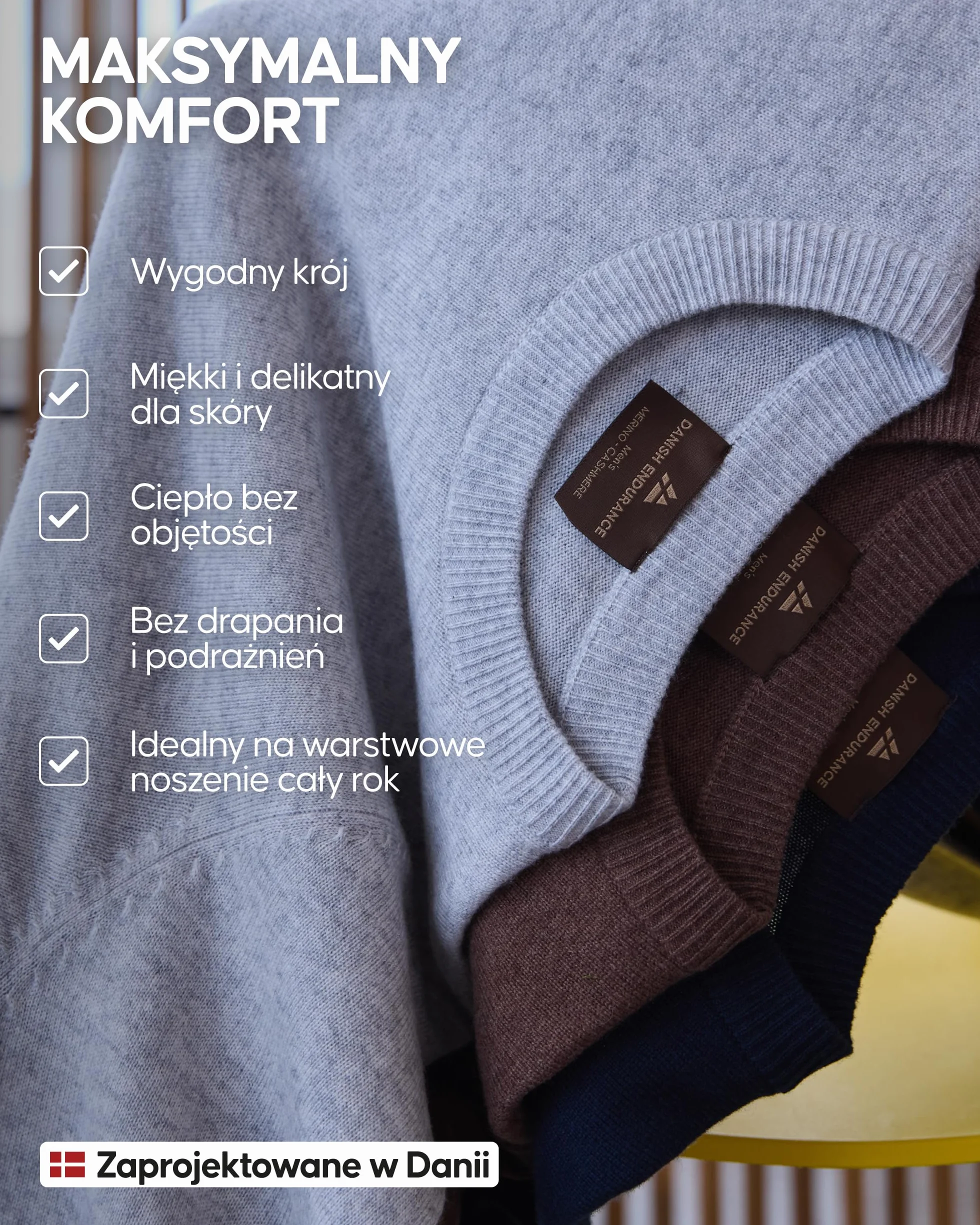 DANISH ENDURANCE Sweter z Wełny Merino z Domieszką Kaszmiru dla Mężczyzn