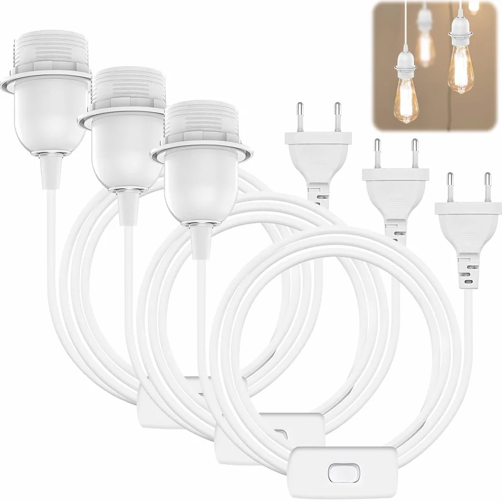 Oprawa lampy E27 z przełącznikiem z wtyczką, 3 sztuki oprawek E27 z kablem sieciowym 3 m, oprawka E27 z kablem do zawieszenia lampy, lampa wisząca, do kuchni, salonu, biała