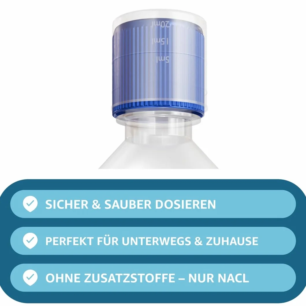 NaCl 0,9 500 ml – izotoniczny fizjologiczny roztwór soli – sterylny – dla niemowląt, do nosa, oczu i oczyszczania ran – sól fizjologiczna z dozownikiem sterylnym, miarka 20 ml w zestawie