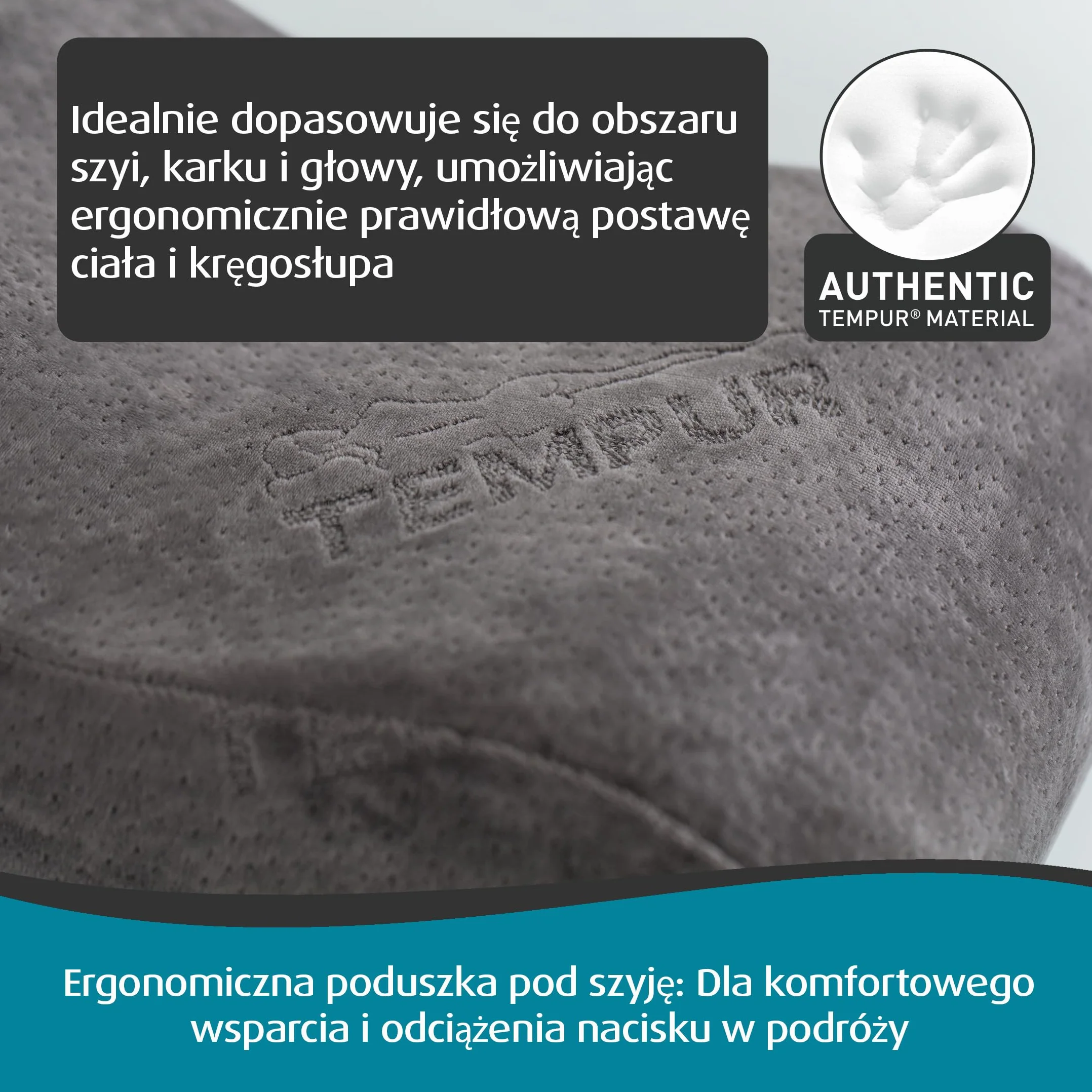TEMPUR Poduszka podróżna z pianki memory ergonomiczna pod kark z torbą transportową Antracyt 25x31x10/7 cm