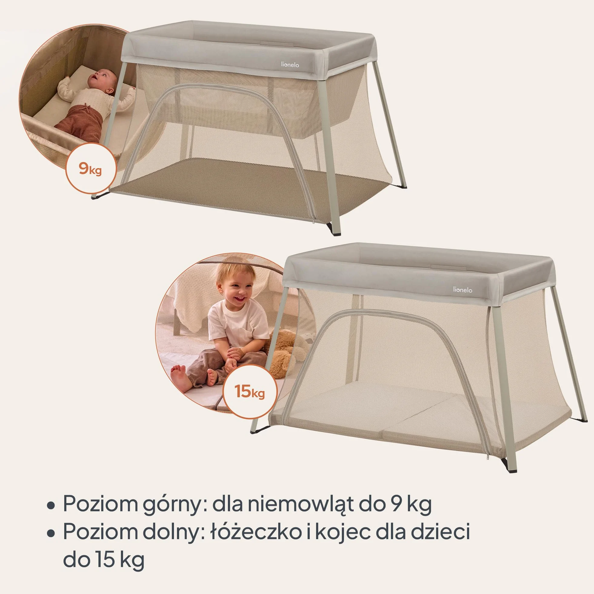 lionelo Łóżko podróżne do parku dziecięcego 3 w 1 Alicja 0-15 kg materac piankowy, 2 poziomy wysokości, składane, małe, lekkie, wejście boczne, torba podróżna (beżowy)