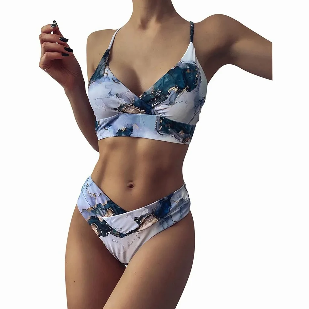 Bikini z wysoką talią Kobieta Letnie modne bikini Damskie bikini push-up z wysokim stanem Dwuczęściowy strój kąpielowy w kolorze wody (kolor: wielobarwny, rozmiar: duży kod) (wielokolorowy)