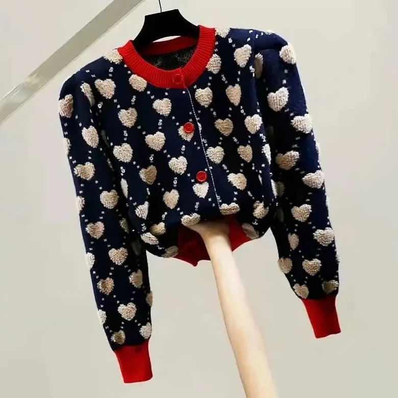 Damski sweter z dzianiny w kratę z okrągłym dekoltem, kardigany vintage, jednorzędowy, krótki kardigan