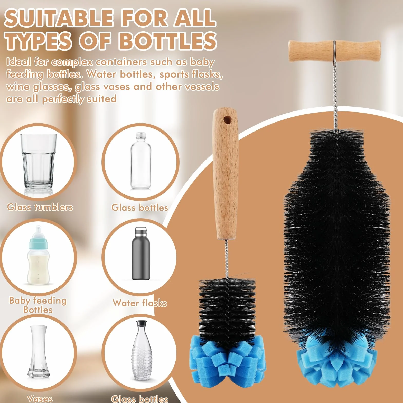 Zestaw 2 szczotek do butelek, kompatybilne z butelkami szklanymi Sodastream, 33 cm + 28 cm, z uchwytem ze stali nierdzewnej 304, twardym nylonowym włosiem i głowicą gąbkową, nie rysuje butelek