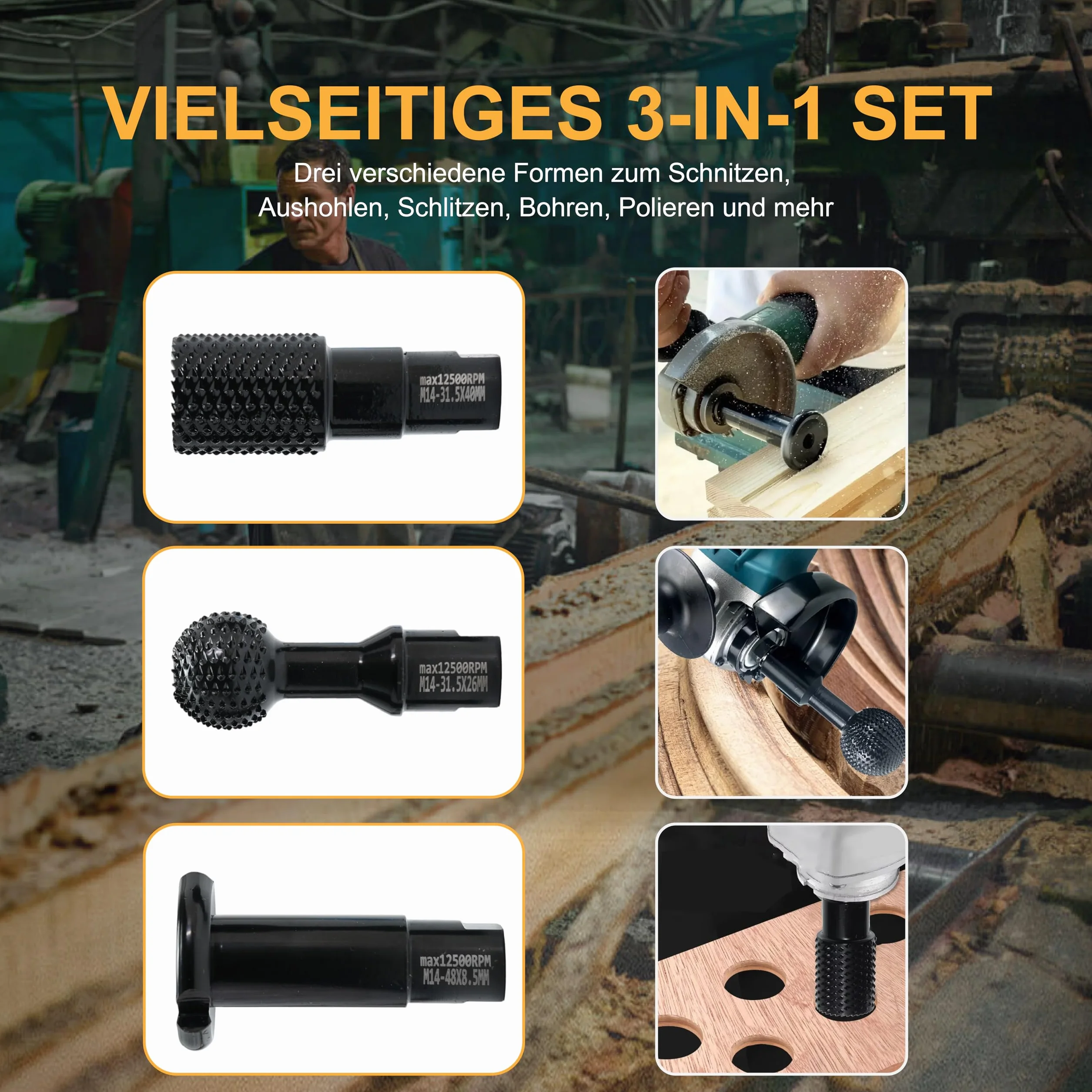 Zestaw frezów do rzeźbienia w drewnie, gwint M14, 3-częściowy do szlifierek kątowych 115 mm/125 mm, czarny