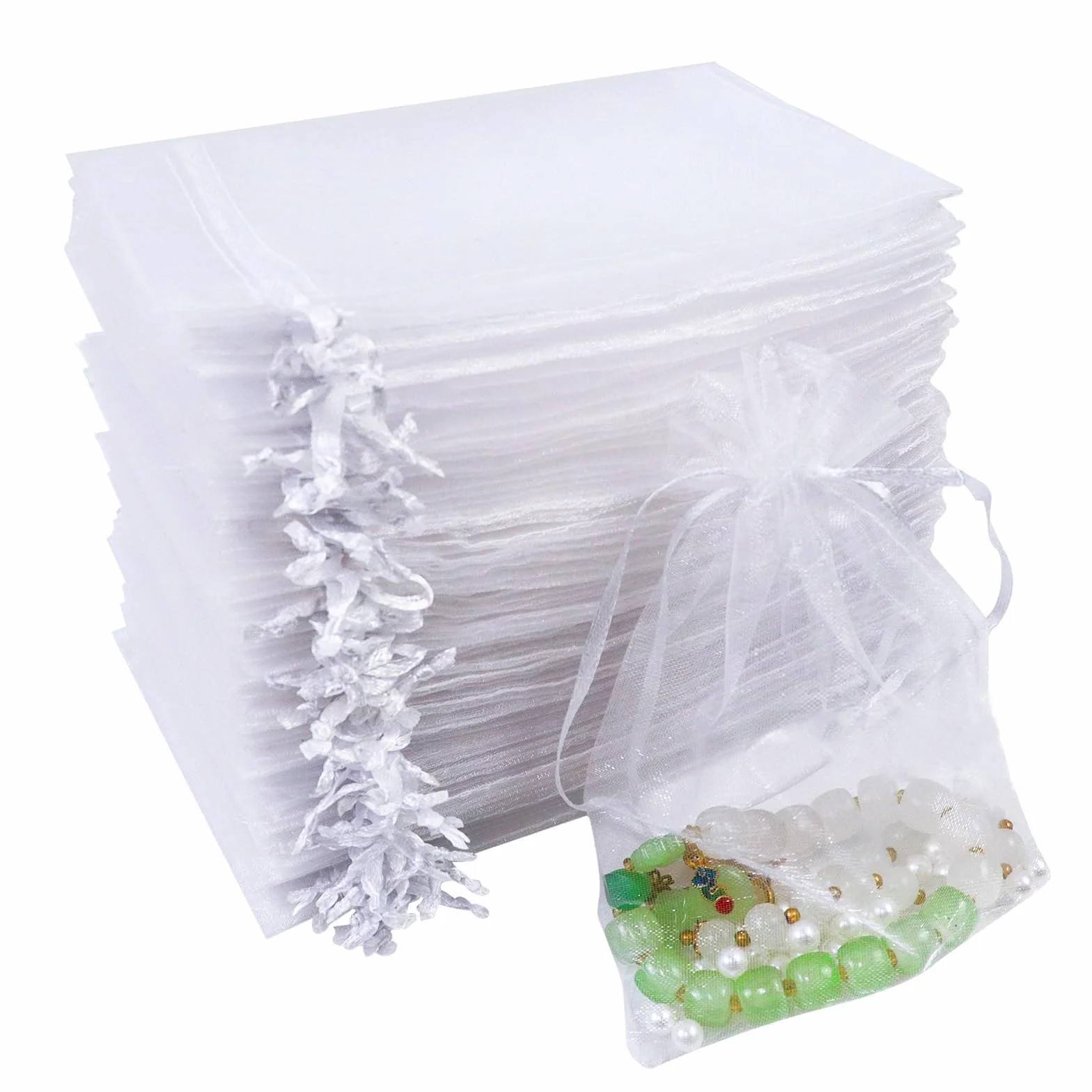 Quelcc 100 szt. białych torebek ze sznurkiem z organzy, 10 x 15 cm, torebki na prezenty z organzy, torebki na biżuterię, torebki z siatki na cukierki, prezenty ślubne, Boże Narodzenie, urodziny
