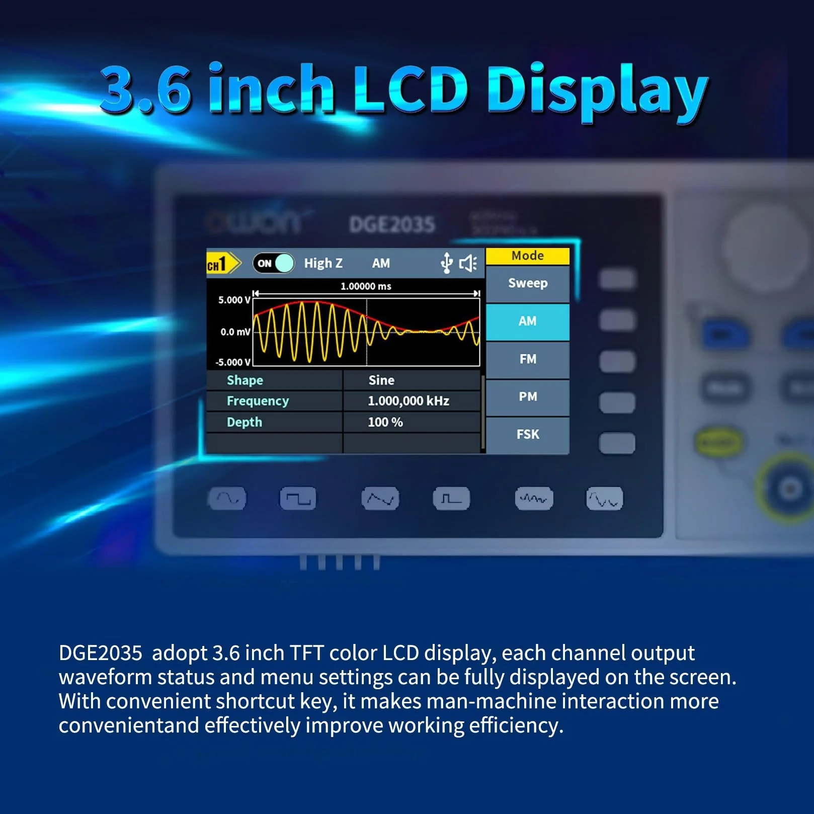 OWON DGE2035 przenośny generator, dowolna fala, wyświetlacz LCD 3,6 cala podwójne kanały 35 MHz częstotliwość wyjściowa maks. 125 MSa/s częstotliwość próbkowania z 14-bitowym generatorem przebiegu, 150 wbudowanych dowolnych fal