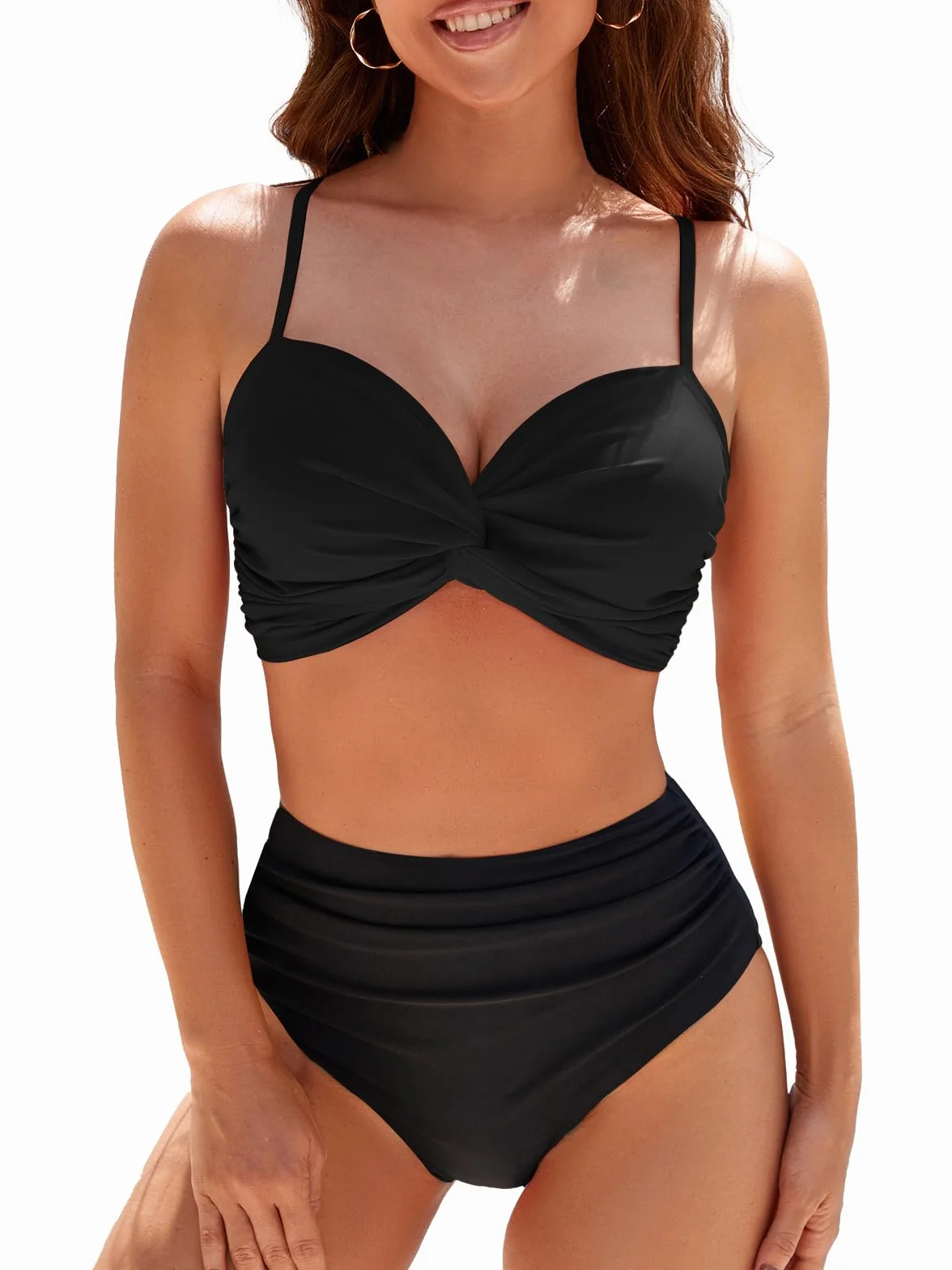 Adigaber Damski dwuczęściowy strój kąpielowy skręcony przód z wysokim stanem plus size zestaw bikini z dekoltem w serek elegancki