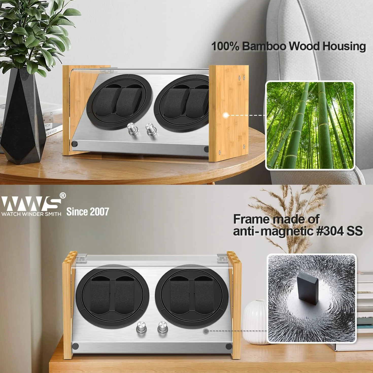 Watch Winder Smith - Automatyczny zegarek do zegarka, 100% rzemiosła, wzór patentowy z drewna bambusowego, bardzo cichy japoński silnik z AC lub bateriami