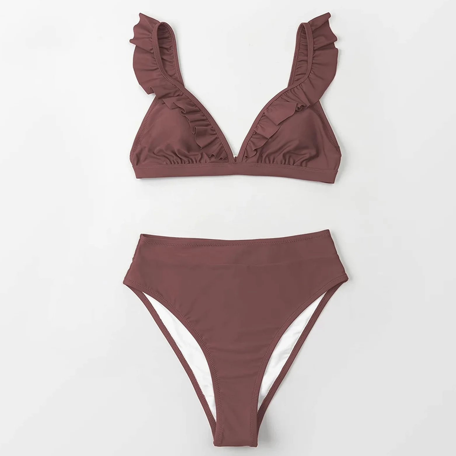 Dwuczęściowy strój kąpielowy V-neck Potargane zestawy Bikini z wysokim stanem Strój kąpielowy Kobiety Seksowny solidny brązowy Dwuczęściowy strój kąpielowy Nowe plażowe kostiumy kąpielowe Bikini Set (A XXL)