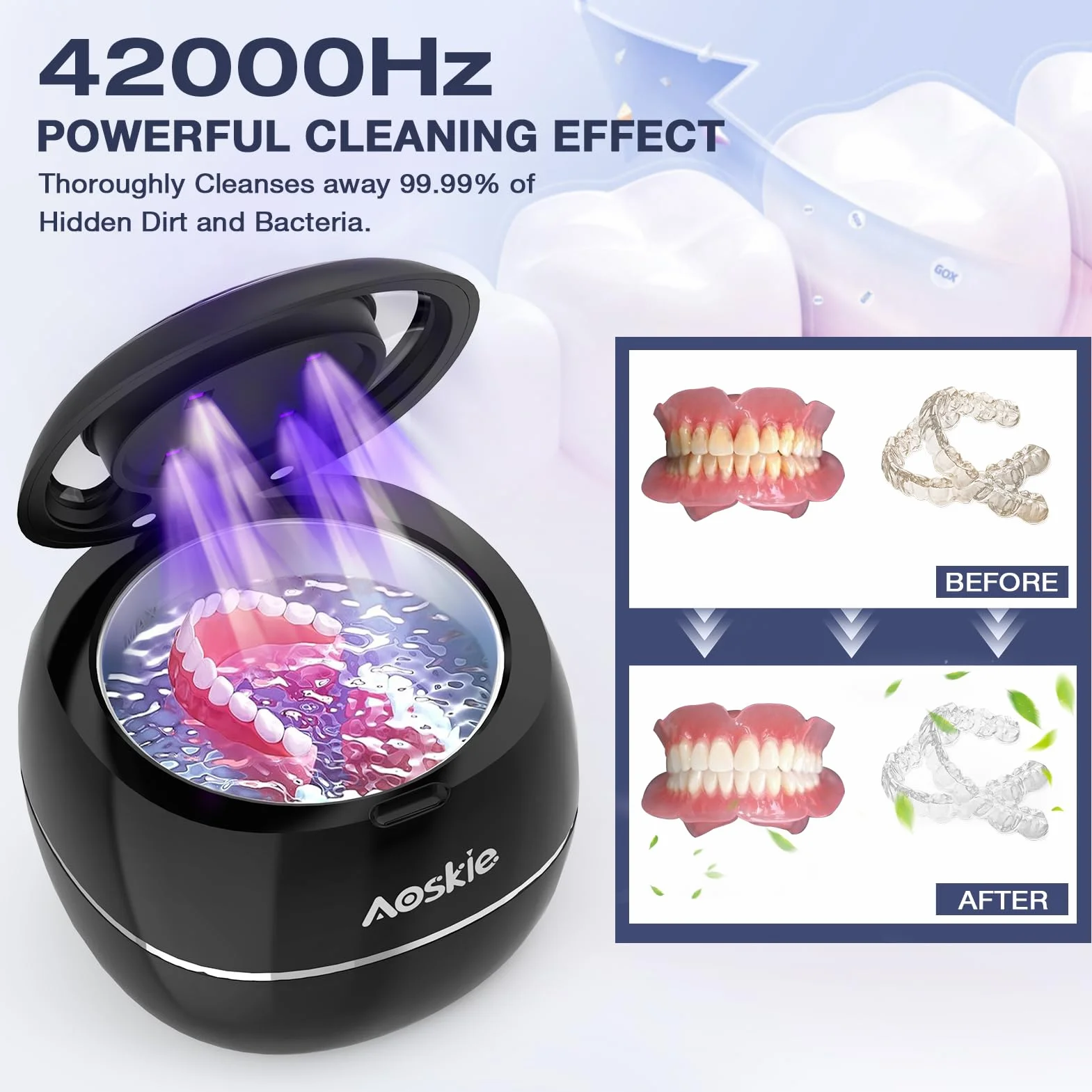 Aoskie Ultradźwiękowe urządzenie do czyszczenia zębów, 48000 Hz, 180 ml, z lampą U-V, kąpiel ultradźwiękowa do protez, korektorów, biżuterii, składanych okularów