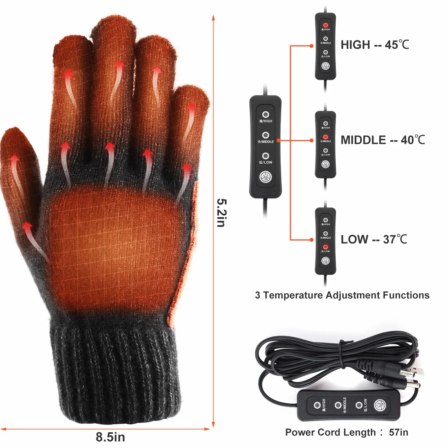 Podgrzewane rękawiczki USB elektryczne z regulacją temperatury wełniane dzianinowe zmywalne