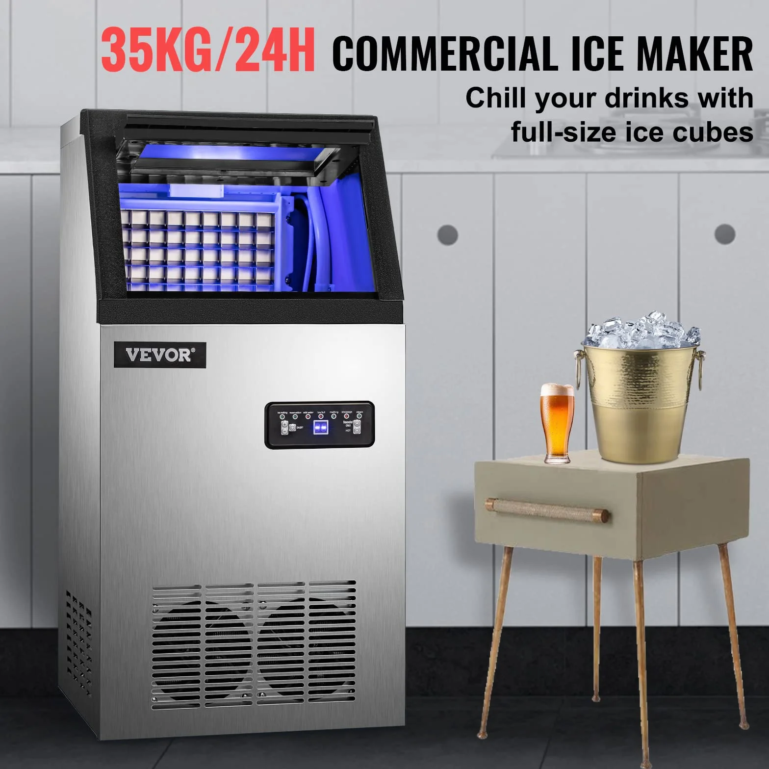 VEVOR Commercial Food Grade Ice Cube Machine 68 kg/24h, wielofunkcyjna kostkarka do lodu wykonana ze stali nierdzewnej 280 W Inteligentny panel sterowania LCD, do kawiarni, barów itp.