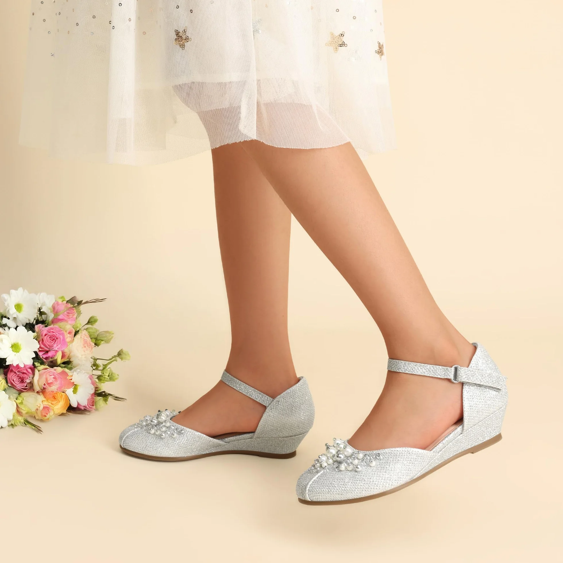 DREAM PAIRS Dziewczęce buty do sukienki maluch małe duże dziewczynki obcasy niskie koturny czółenka z perłami stras dla dziewczynki kwiat księżniczka wesele