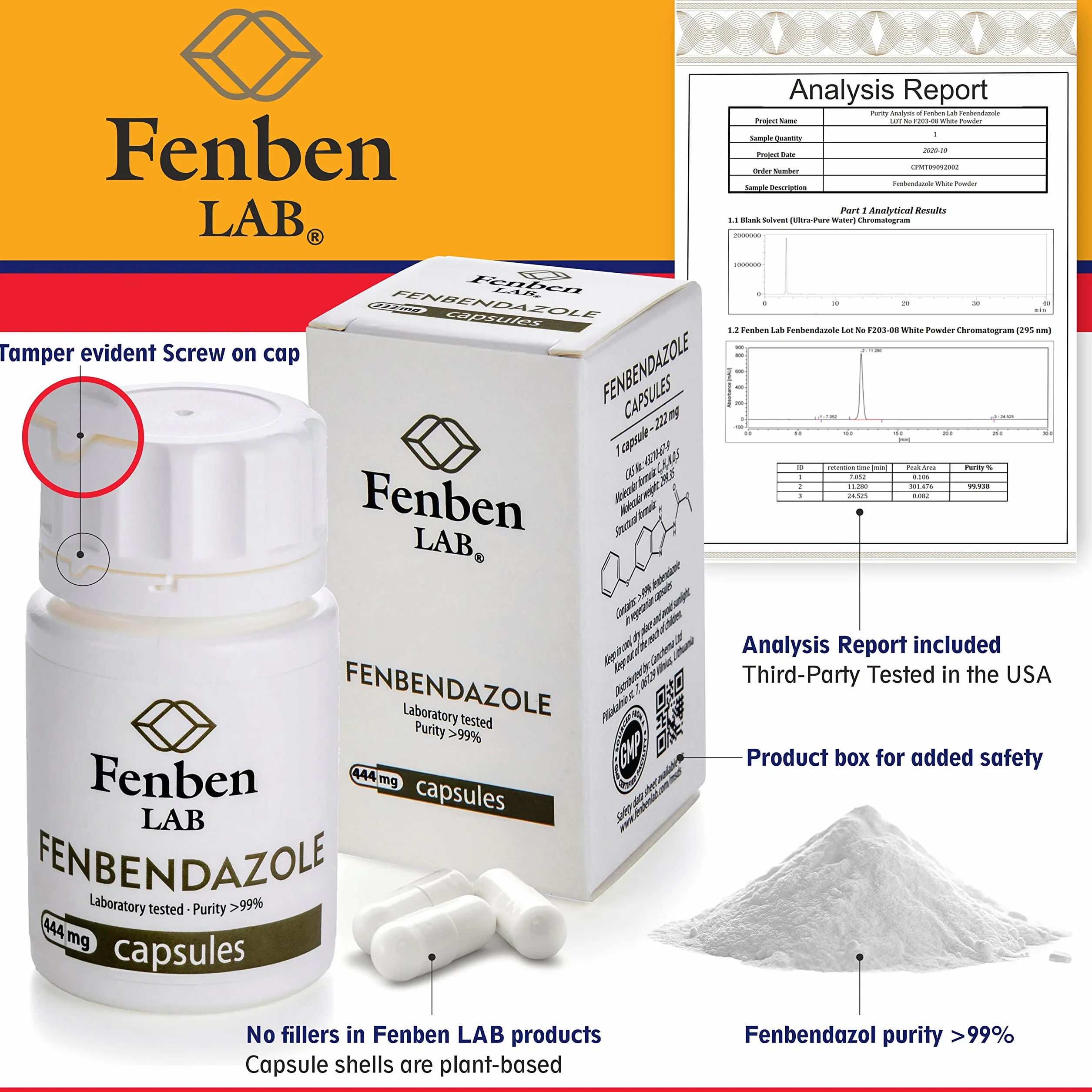 Fenbendazole 444mg, Czystość >99.9%, Wyprodukowane przez Fenben Lab, Dołączono Certyfikat Analizy, Testowany w Certyfikowanym Laboratorium, 90 Kapsułek