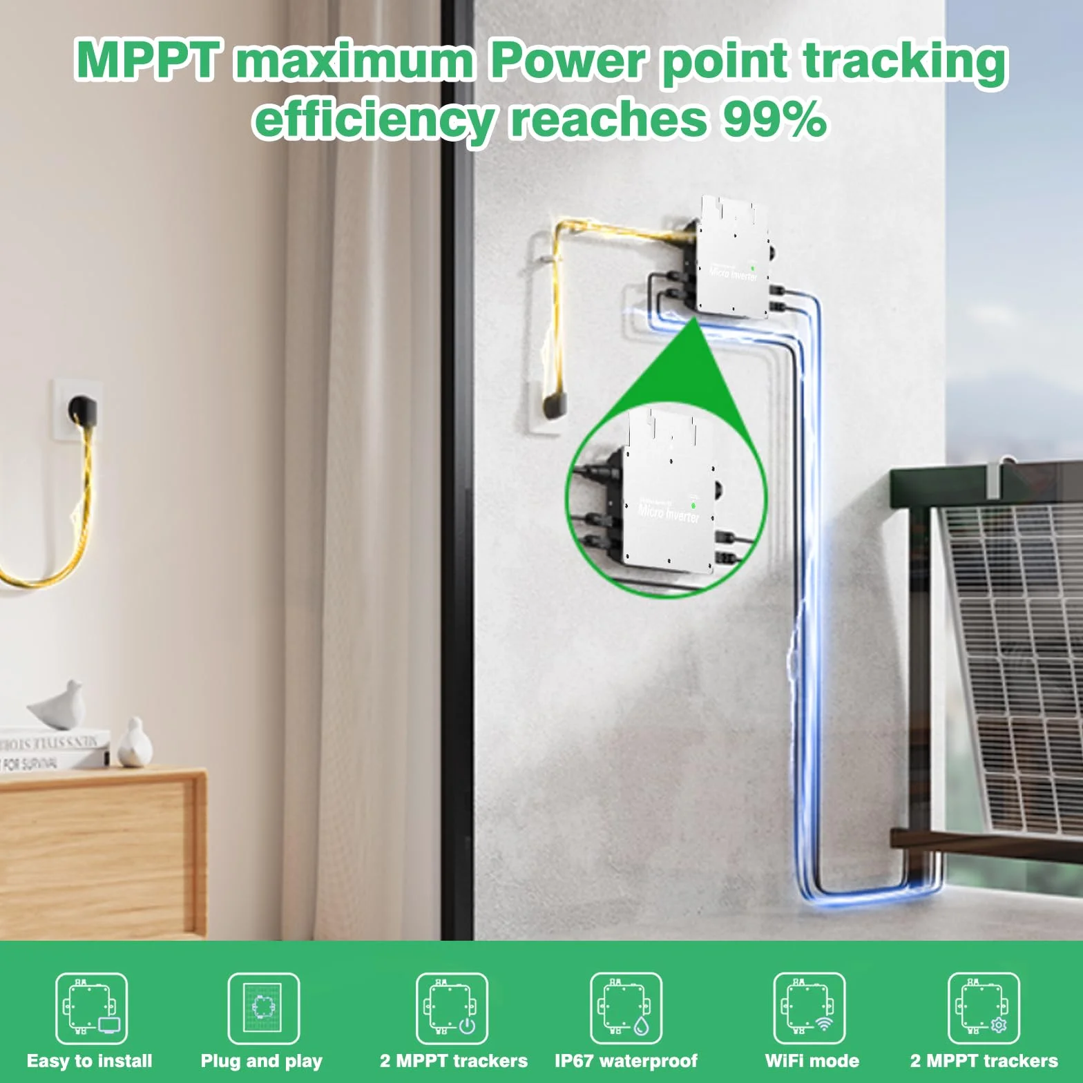 Falownik 800 W, moc balkonowa, mikrofalownik, 800 W, 4 moduły PV, falownik 800 W, wodoszczelność IP65, z systemem monitorowania telefonu komórkowego, WiFi.