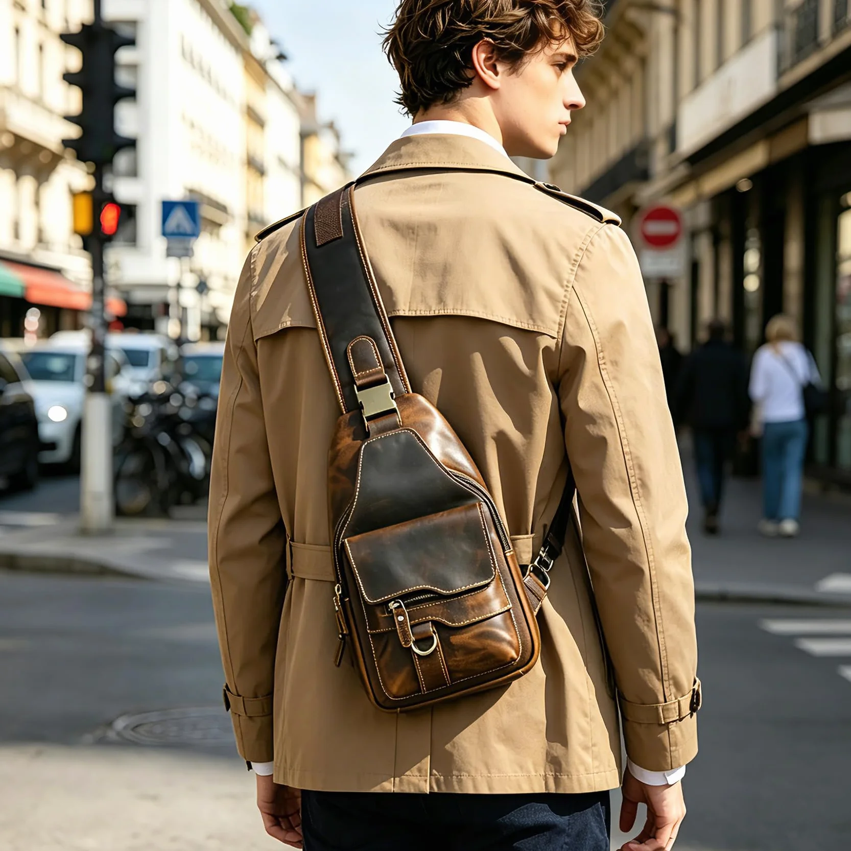 Gruby szalony koń skórzana trójkątna torba na ramię crossbody torba podróżna na jedno ramię plecak na co dzień dla mężczyzn mężczyzn 3028, 100% prawdziwa skóra-8013 kawa, m