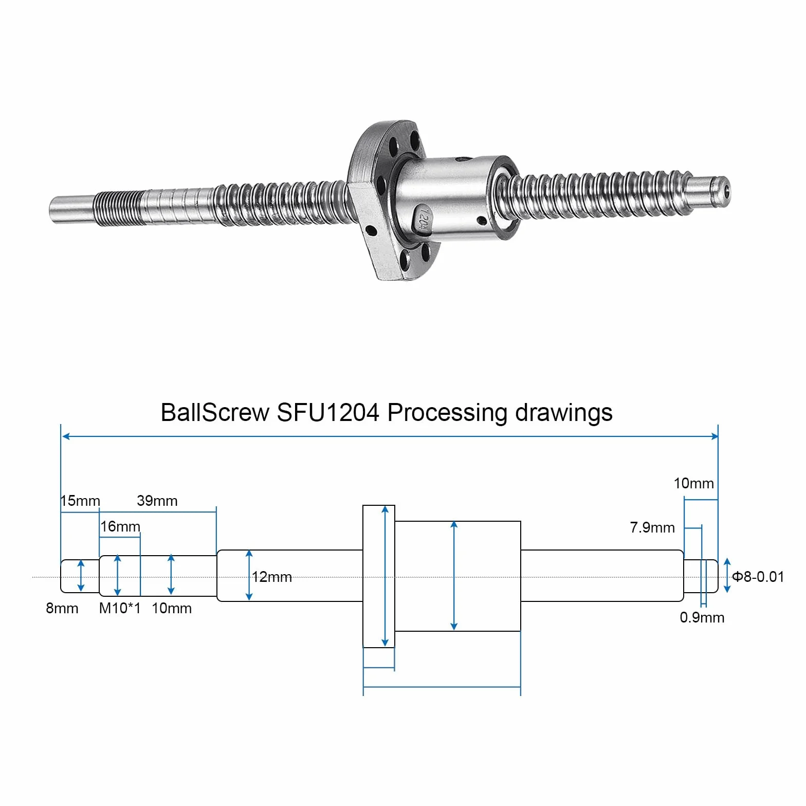 QUARKZMAN BallScrew SFU1204 (średnica 12 mm, nachylenie 4 mm, długość 200 mm) z nakrętką z gwintem kulowym Anti-Backlash, zestaw śrub z gwintem kulowym, standardowe wykończenie części maszyn CNC BK