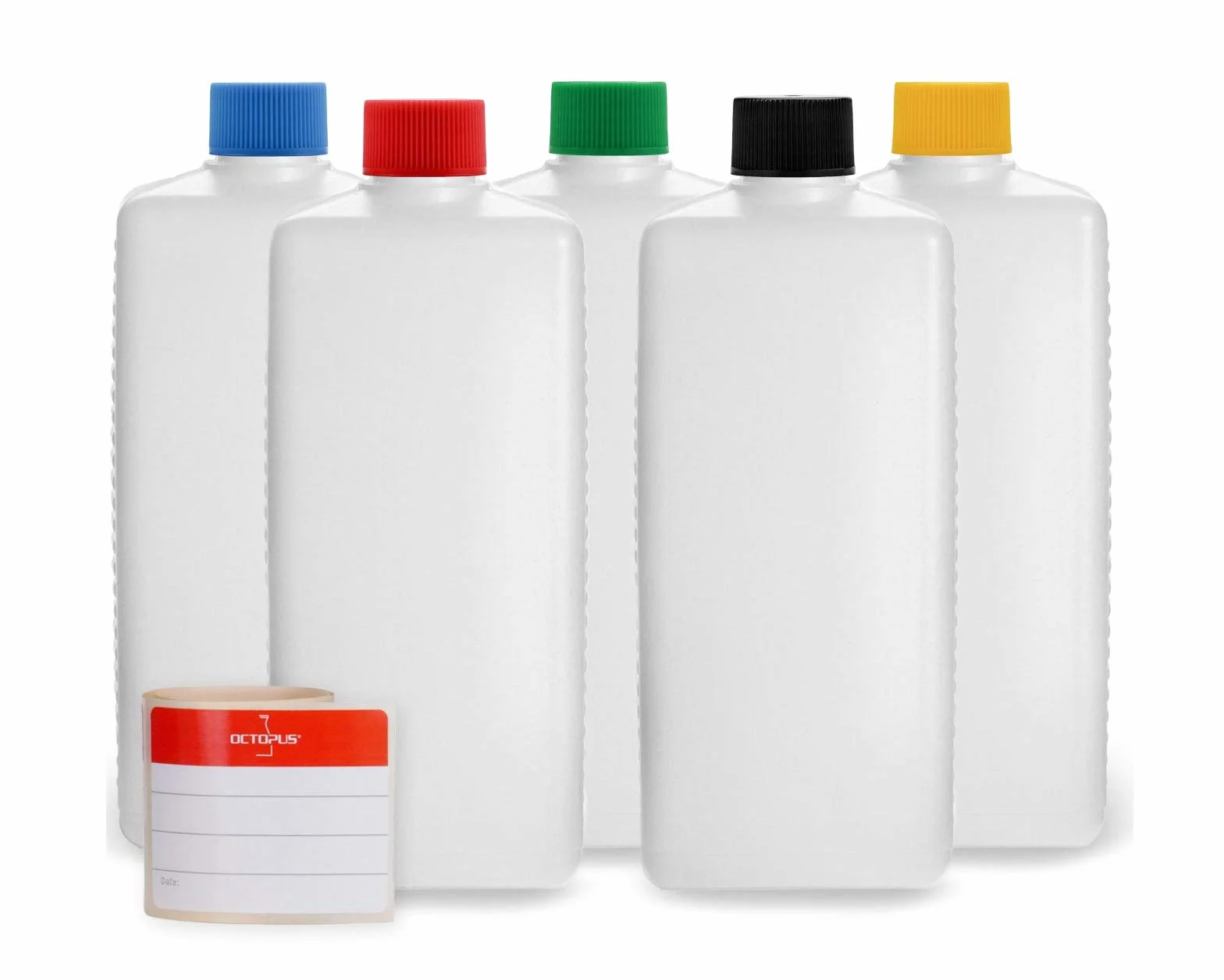 Octopus 5 x 500 ml butelki z tworzywa sztucznego, butelka plastikowe HDPE z kolorowymi zakrętkami