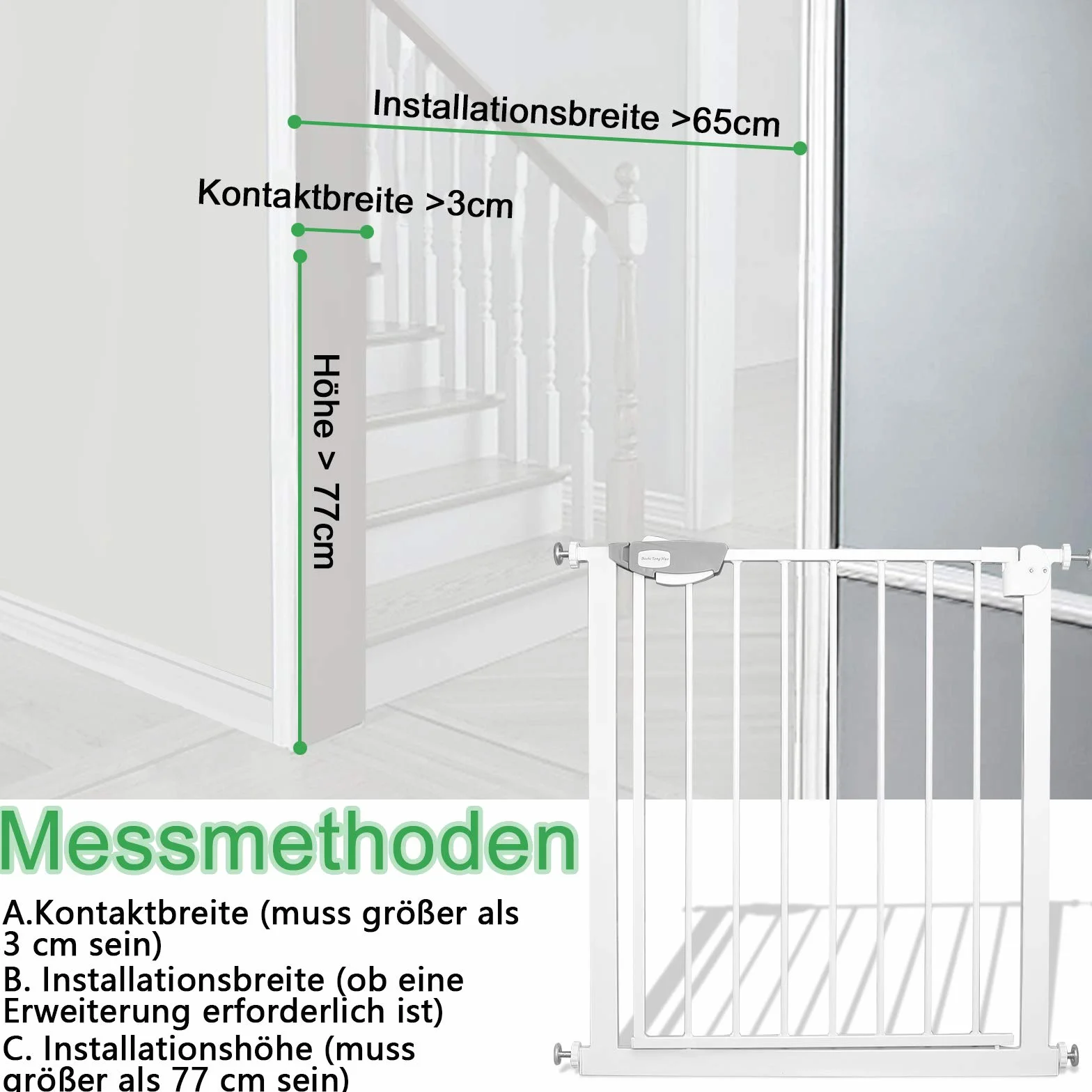 UISEBRT Kratka ochronna na schody i drzwi, bez wiercenia, z samozamykającym się, otwierana jedną ręką, metalowa kratka ochronna do szerokości 105-115 cm, biała