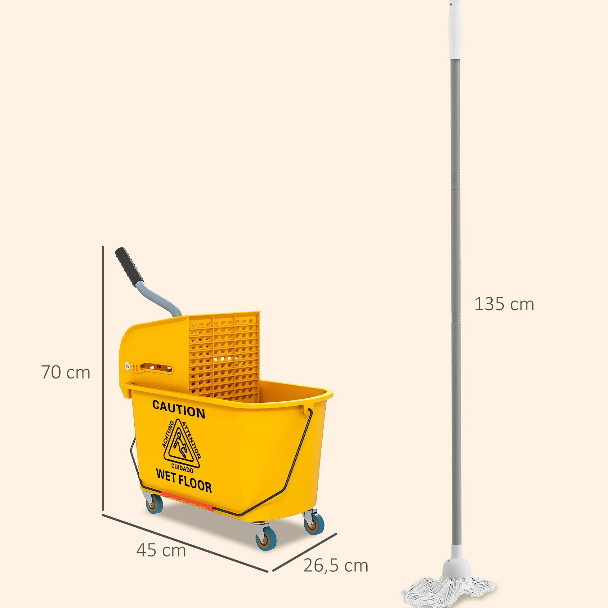 HOMCOM Wózek domowy, profesjonalny wózek do prania, wyciskarka boczna, wiadro 20 l, uchwyt i mop, 45 x 26,5 x 70 cm, żółty
