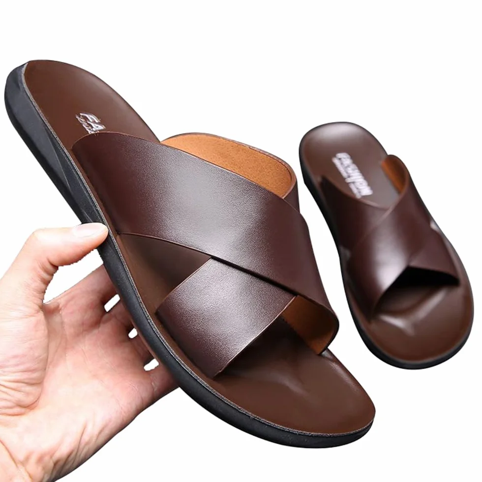 MGGMOKAY Męskie skórzane sandały, cross slide sandały, letnie oddychające buty plażowe