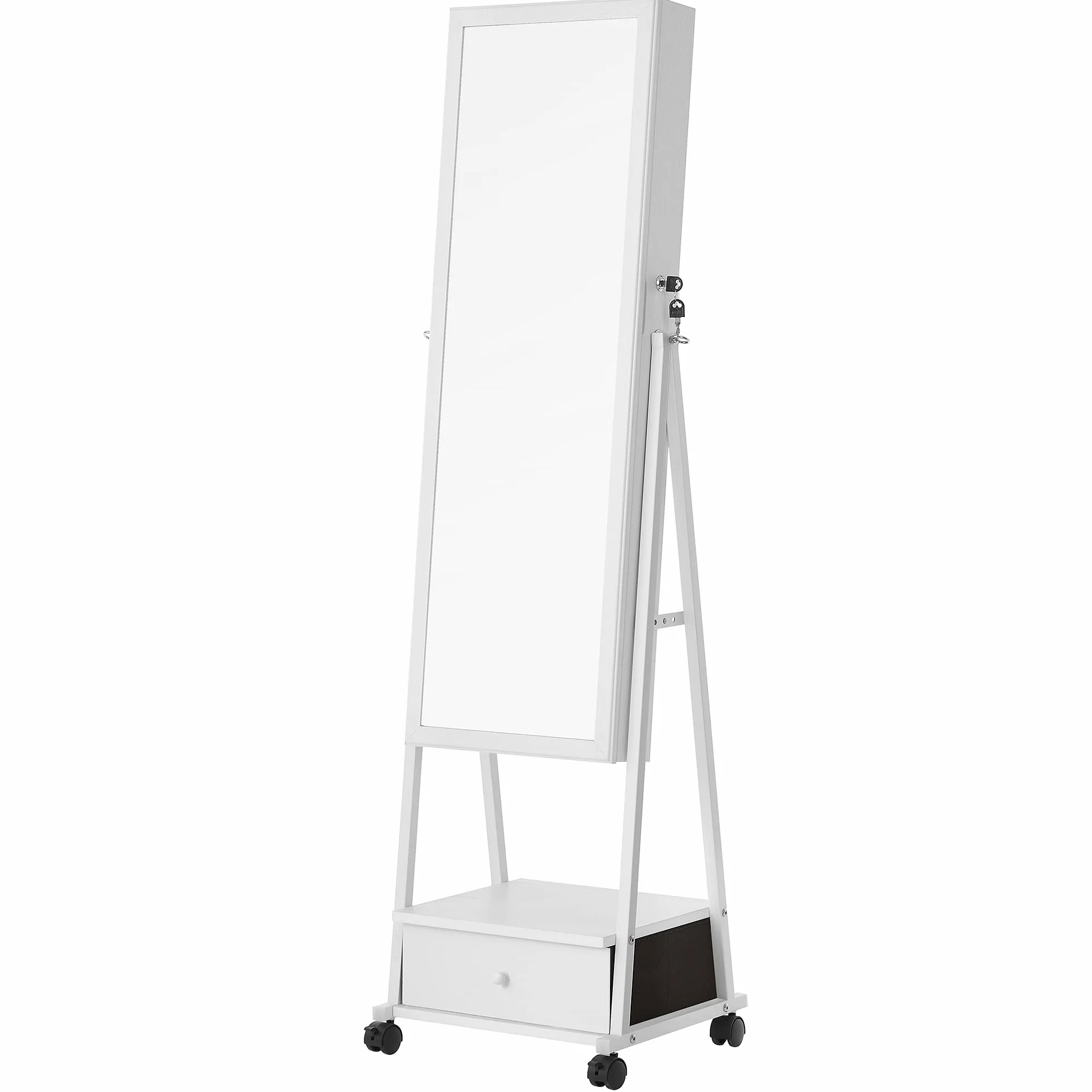 SONGMICS Szafka na biżuterię, wysokie lustro pełnej długości, stojący zamykany organizer na biżuterię z dolną szufladą, półką, kółkami, pomysł na prezent, biała JJC004W02