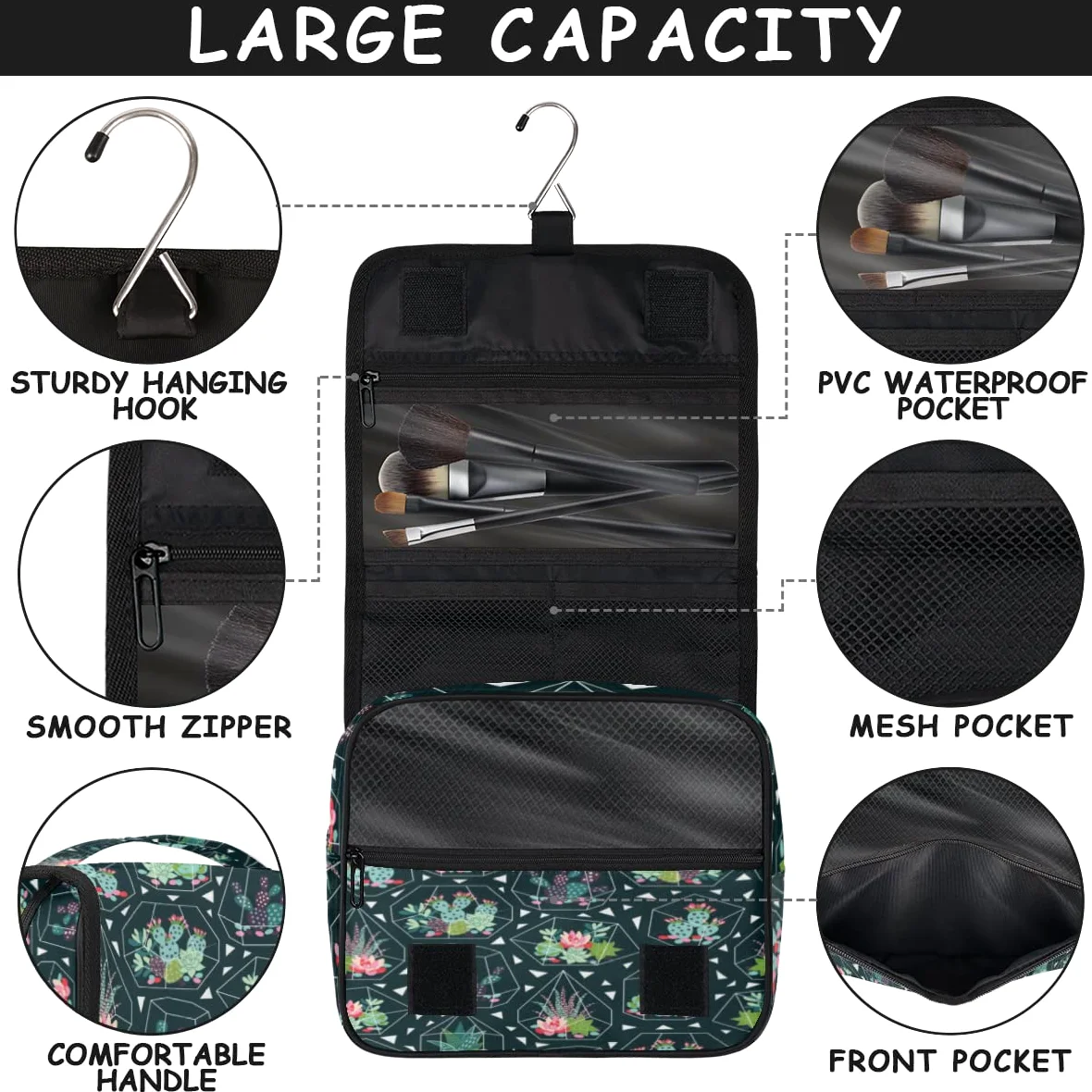 Kaktus Podróżna kosmetyczka Kaktus Kwiat Mycie Torba Unisex Wiszące przybory toaletowe Kosmetyczka Organizer do makijażu, wielobarwny, Jeden rozmiar