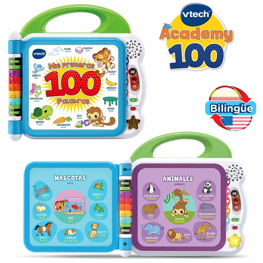 VTech - Moje pierwsze 100 słów dwujęzyczny, interaktywna książka edukacyjna hiszpańsko-angielska, zabawka dla dzieci +1,5 lat, wersja ESP