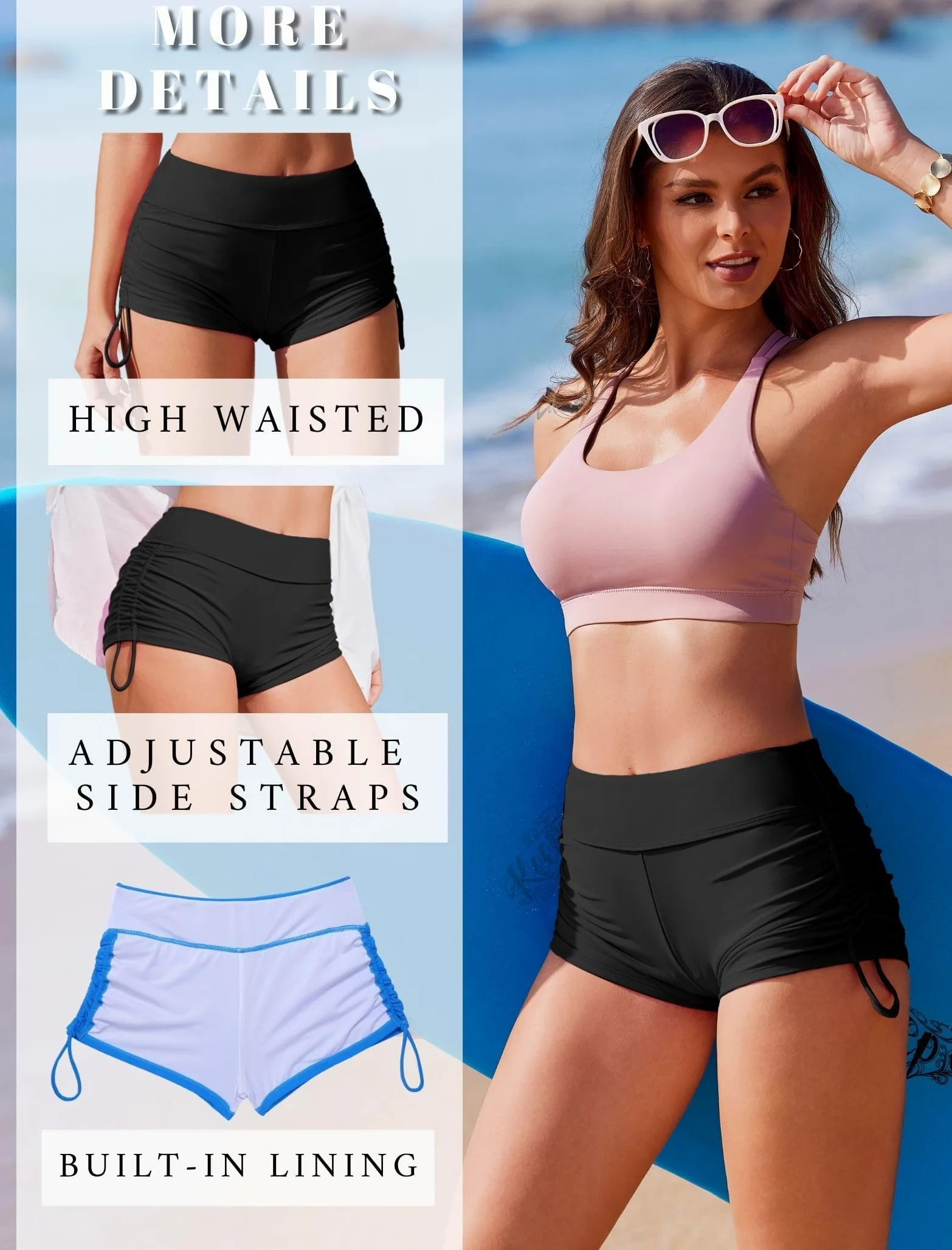 Ekouaer Szorty kąpielowe, damskie, krótkie, szybkoschnące, szorty do bikini, szorty z kontrolą brzucha, moda kąpielowa, S-XXL