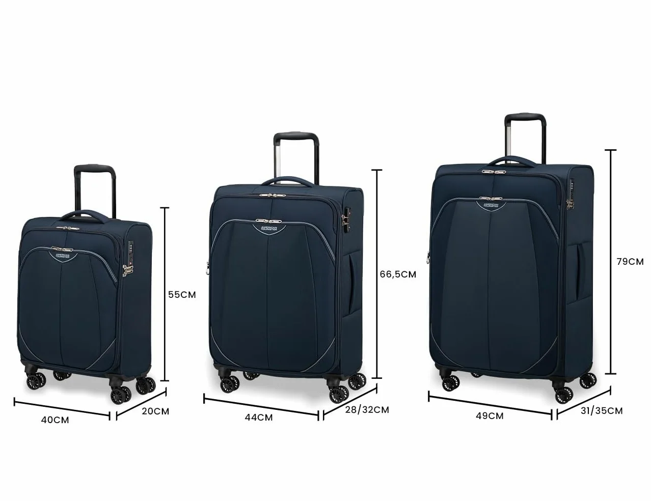 American Tourister Poproll - 3-czesciowy zestaw walizek miekkich (Bagaz podreczny, Srednia, Duza), Lekki - Niebieski (Navy)