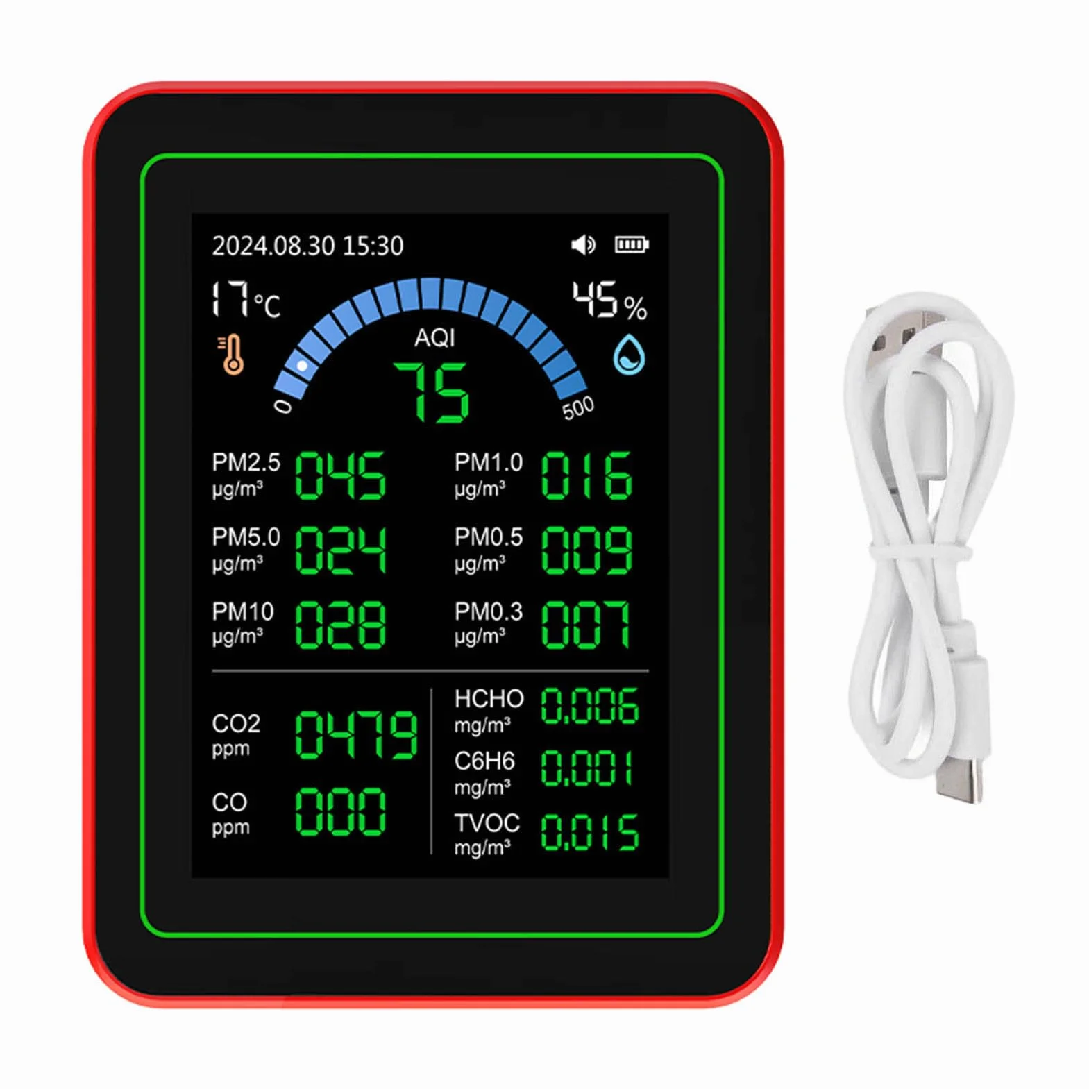 Miernik Jakości Powietrza 18 w 1 CO2 TVOC HCHO PM2.5 PM10 Temp Humid Detect Tester Wewnętrzny Zasilany Bateryjnie Przechowywanie Danych Czarny