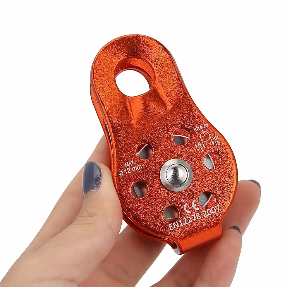 ZJchao 26KN Wytrzymały Aluminiowy Blok Linowy Obrotowy Blok Linowy do Liny 12 Mm z Bocznymi Płytami Antykorozyjnymi Płynny Obrót do Wspinaczki, Ciągnięcia i Transportu (ORANGE)